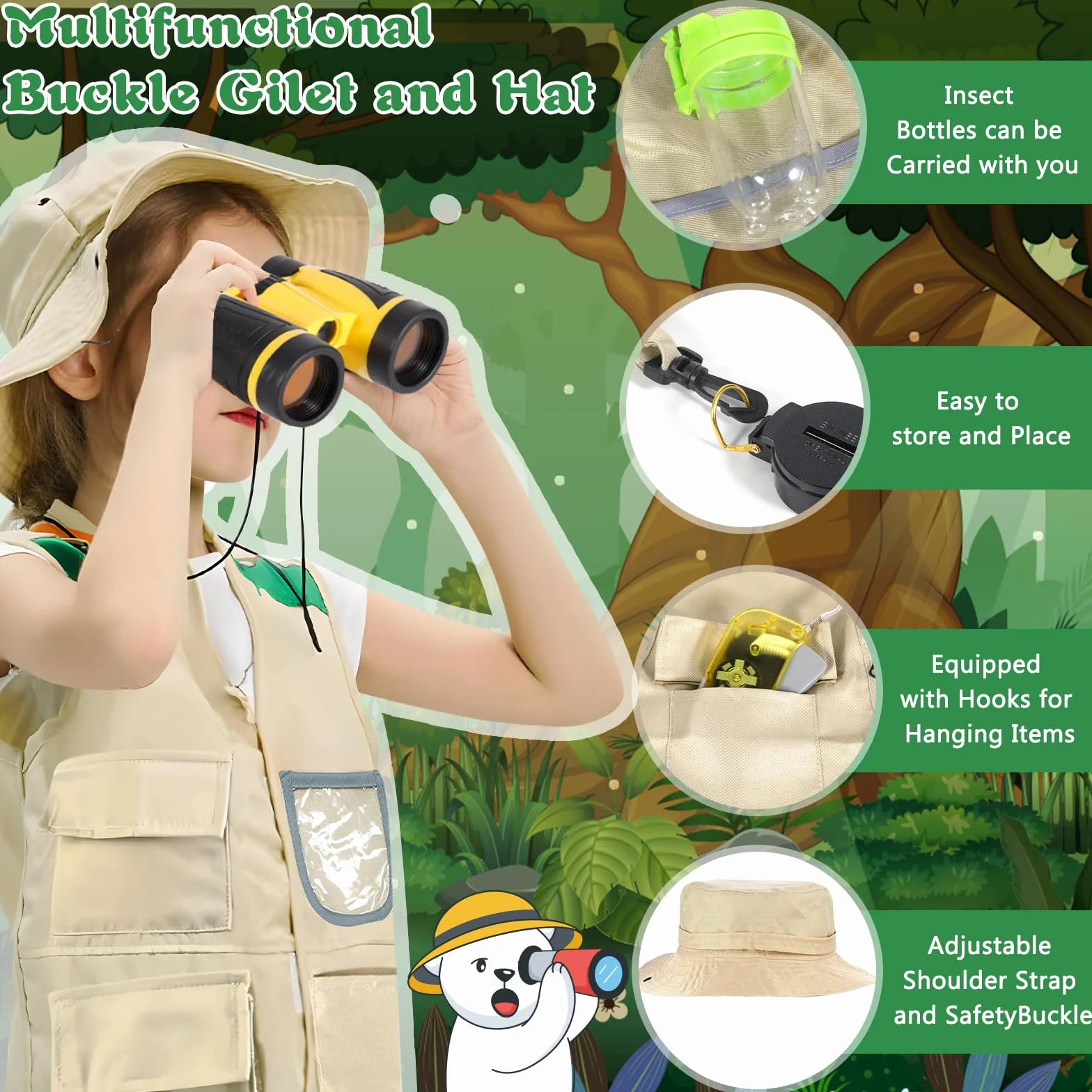 Kit d'exploration pour Enfants, Ensemble Explorateur Extérieur avec Jumelles, Gilet Safari, Chapeau et Loupe