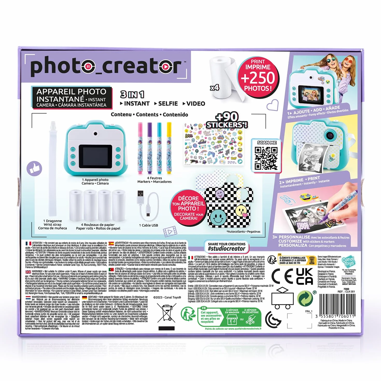 Canal Toys Photo Creator Appareil Photo 3 en 1 à Impression Instantanée Turquoise 2 Modes Selfie Caméra Vidéo Enfant 8 Ans+ 4 Rouleaux 250 Clichés CLK 001