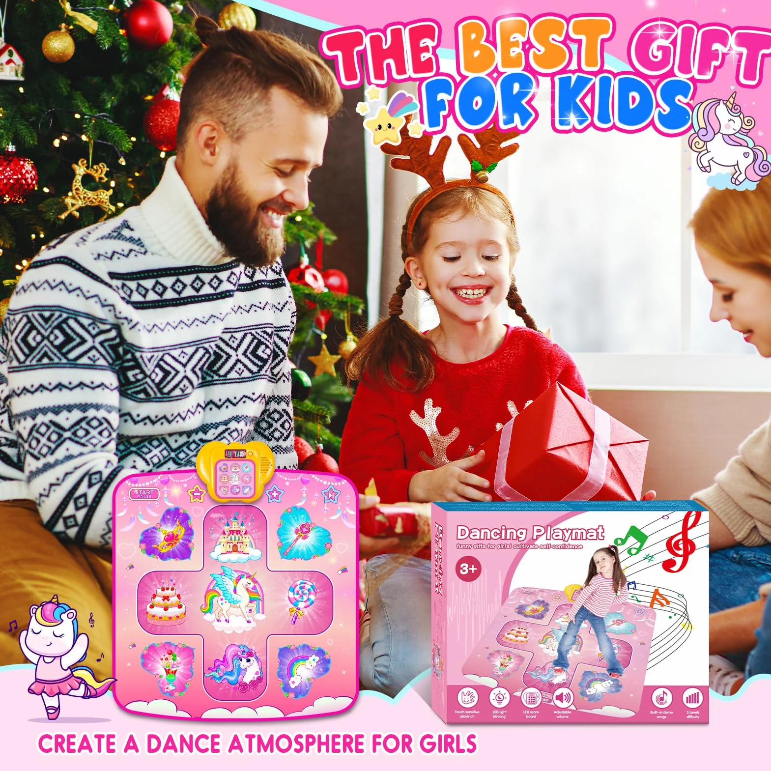 Tapis de Danse Licorne pour Filles 2-8 Ans, 5 Niveaux de Danse, Cadeau Anniversaire Noël