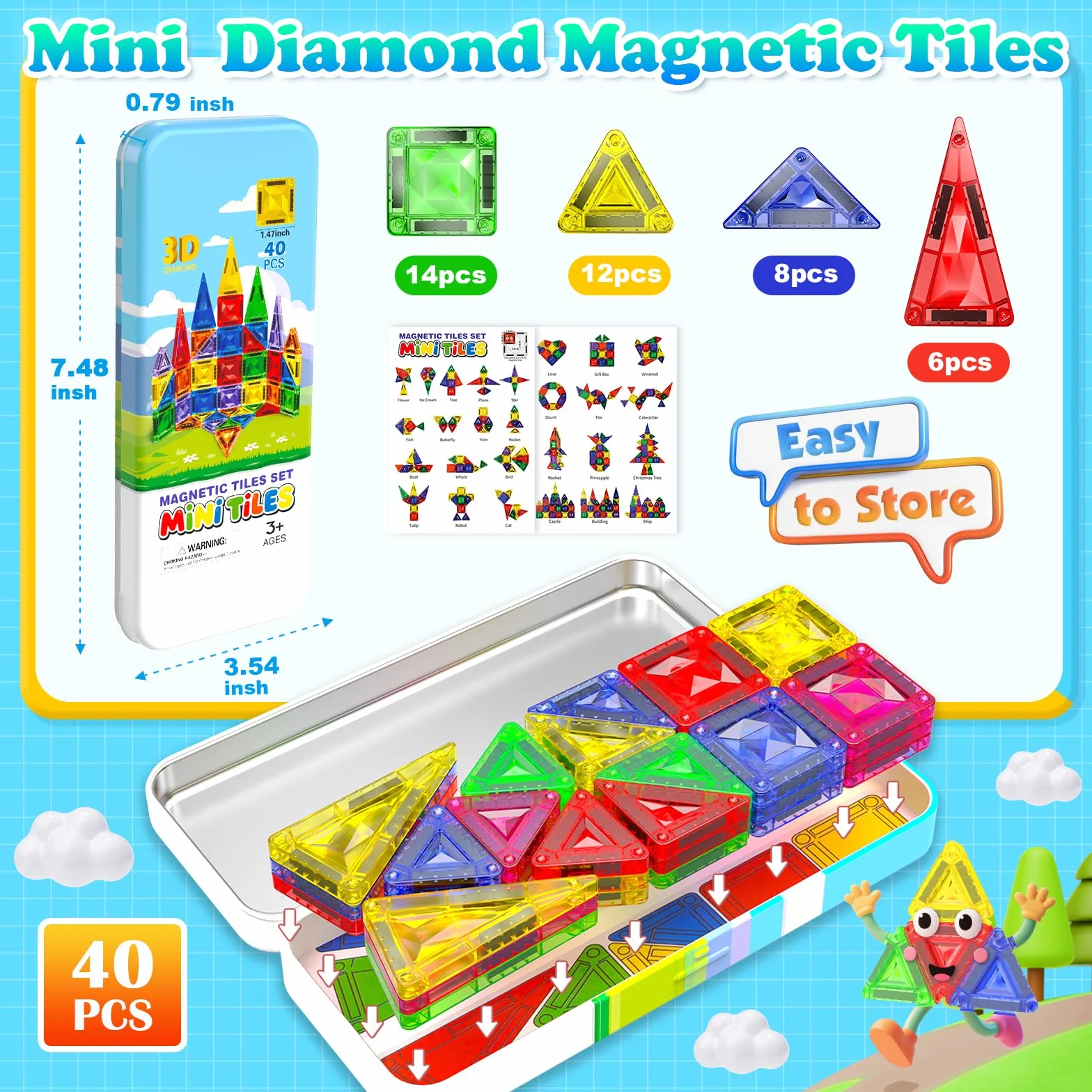 Magnetopia Mini Tuiles Magnétiques Enfant 40 Pièces Set Voyage Boîte Métallique Portable Jeu Magnétique Créatif 4-8 Ans