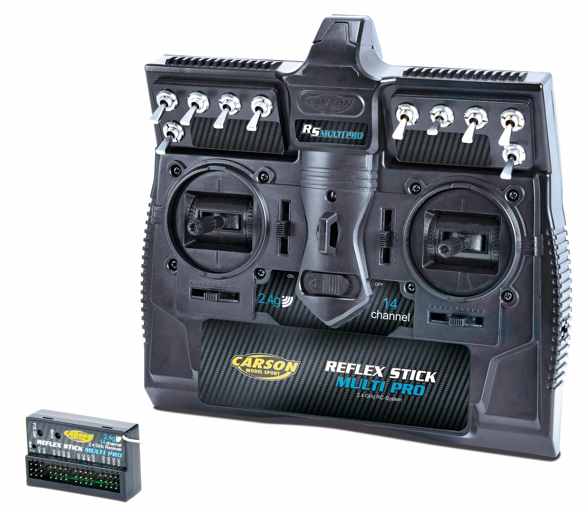Carson 500501003 Reflex Stick Multi Pro 2.4 GHz 14 canaux - Système de télécommande 14 canaux, télécommande avec récepteur pour modèles réduits de véhicules
