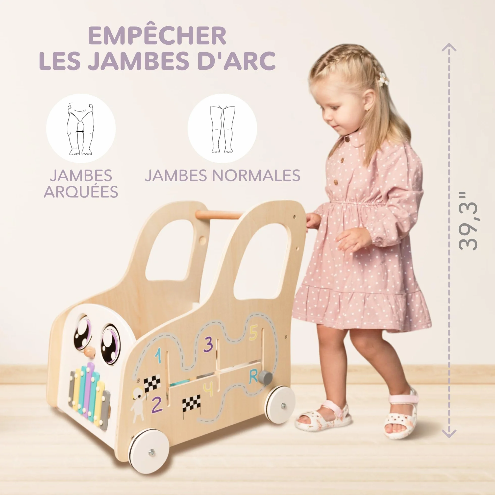 Chariot en Bois Cateam avec Tableau d'Activités Montessori - Jouet à Pousser et Tirer Centre d'Activités Éducatives