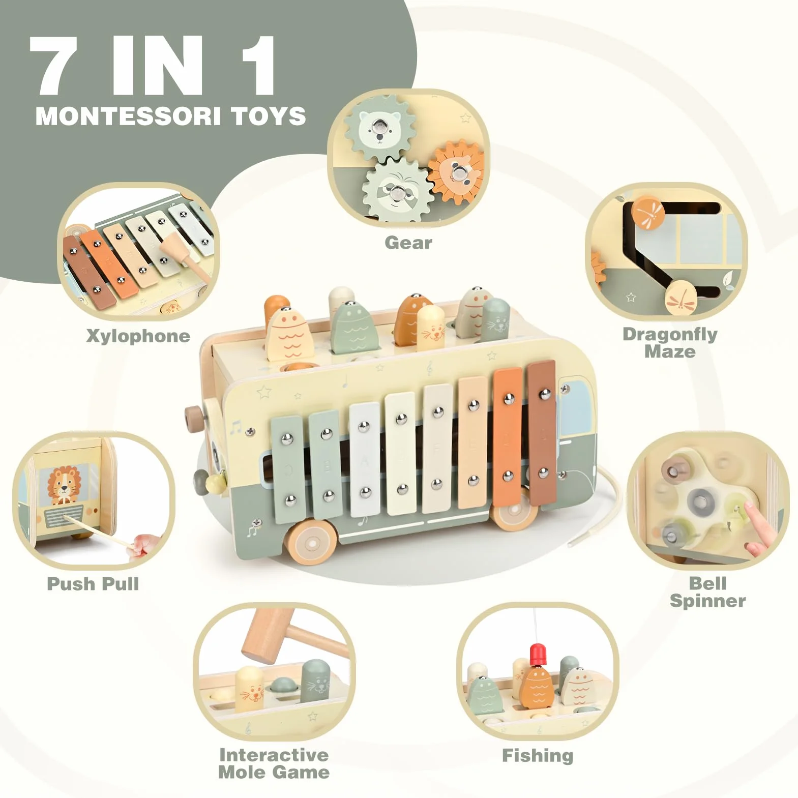 Vanplay Jouet Montessori 7 en 1 Xylophone Bebe en Bois pour Enfant 1 2 3 4 Ans