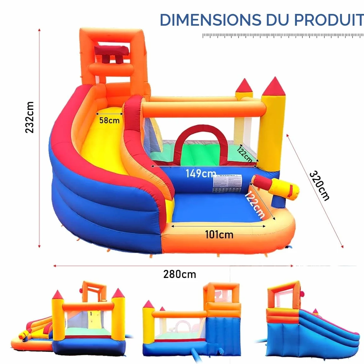 Ballsea Grand château gonflable avec ventilateur toboggan sec ou eau 320 x 280 x 232 cm