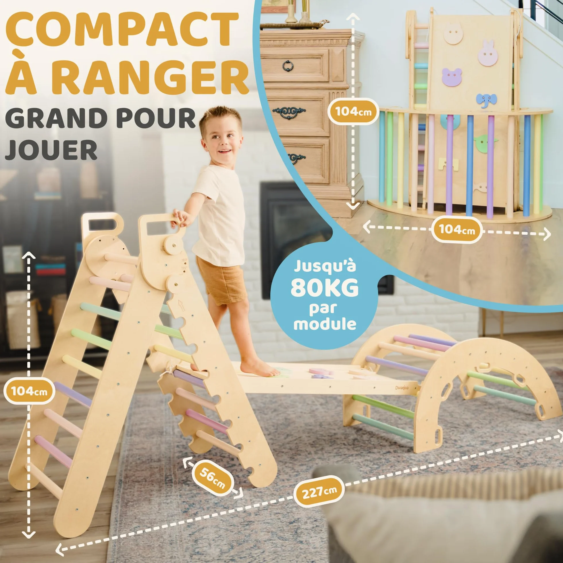 Triangle de Pikler Montessori Large 9en1, 5 Angles Ajustables, Parcours de Motricité Bébé Enfant 1-7 Ans avec Arche Escalade Bois