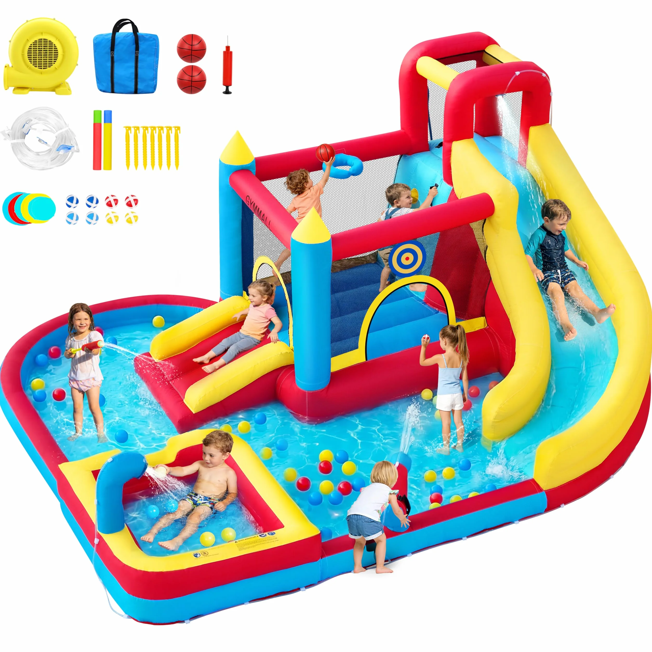 Château Gonflable pour Enfants 8-en-1 avec Souffleur 480W, Toboggan, Mur d'escalade, Trampoline et Pataugeoire