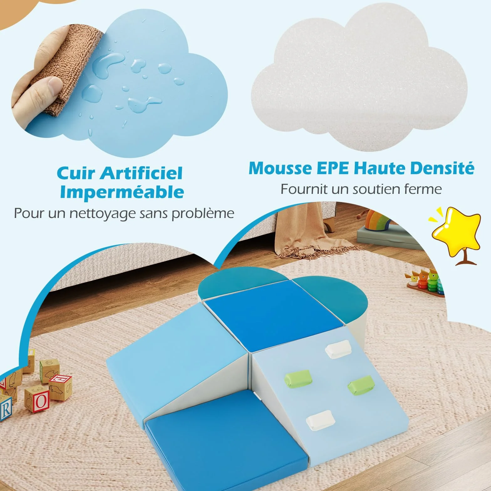 COSTWAY Parcours Motricité Bébé Mousse Housse PU Roches Escalade Attaches Crochets Jouets Éducatifs Ramper Grimper 12 Mois+ Bleu