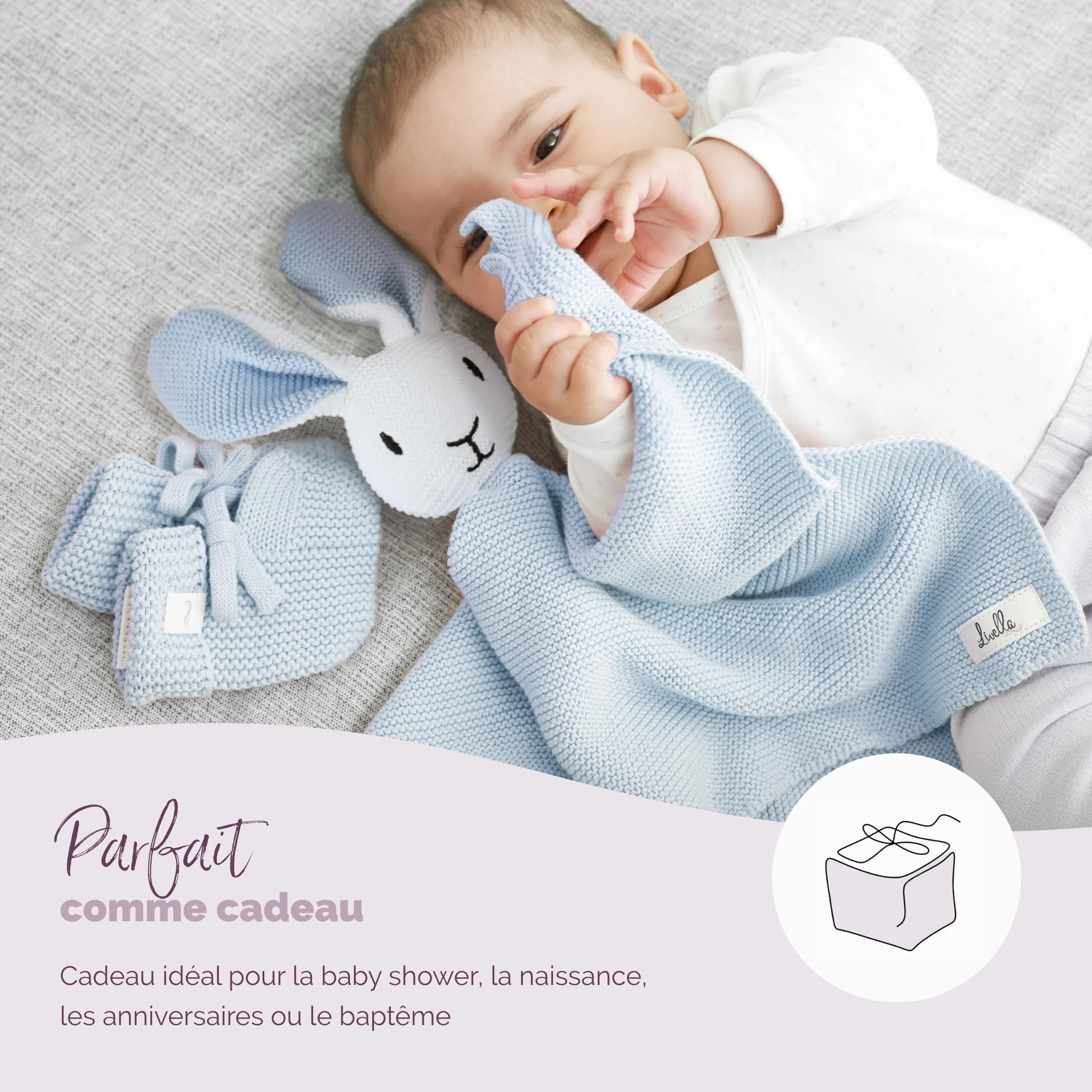 Livella Doudou Lapin Bébé avec Chaussettes Coton Bio GOTS Tricot Doux Couverture Fine 40x40cm Hypoallergénique