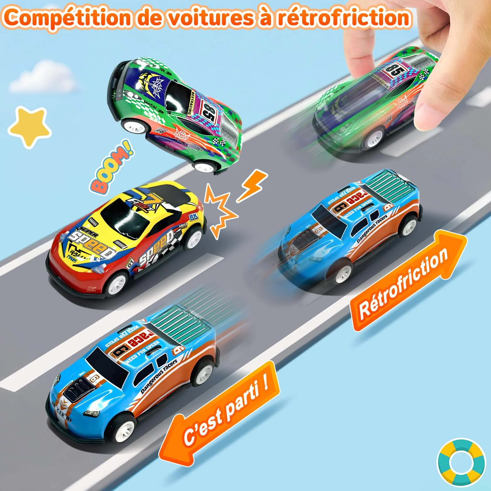 Coffret Petite Voiture Enfant, Lot Voiture Miniature en Metal 1/64, 22 Voitures Jouets avec 8 Barrage Routier, Voiture à Friction pour Enfants 3-8 Ans