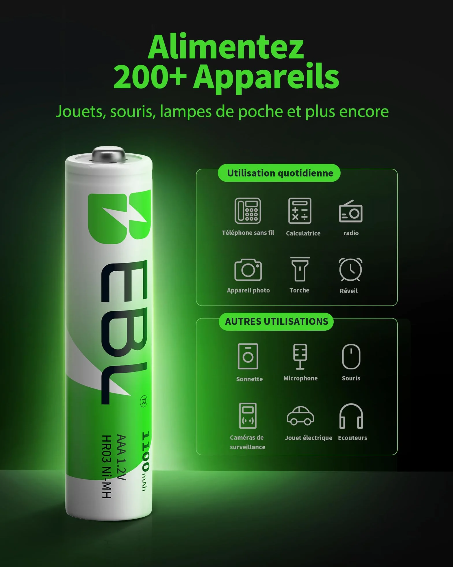 EBL Piles Rechargeables AAA 1100mAh 1,2V Ni-MH Haute Capacité avec Boîte de Stockage