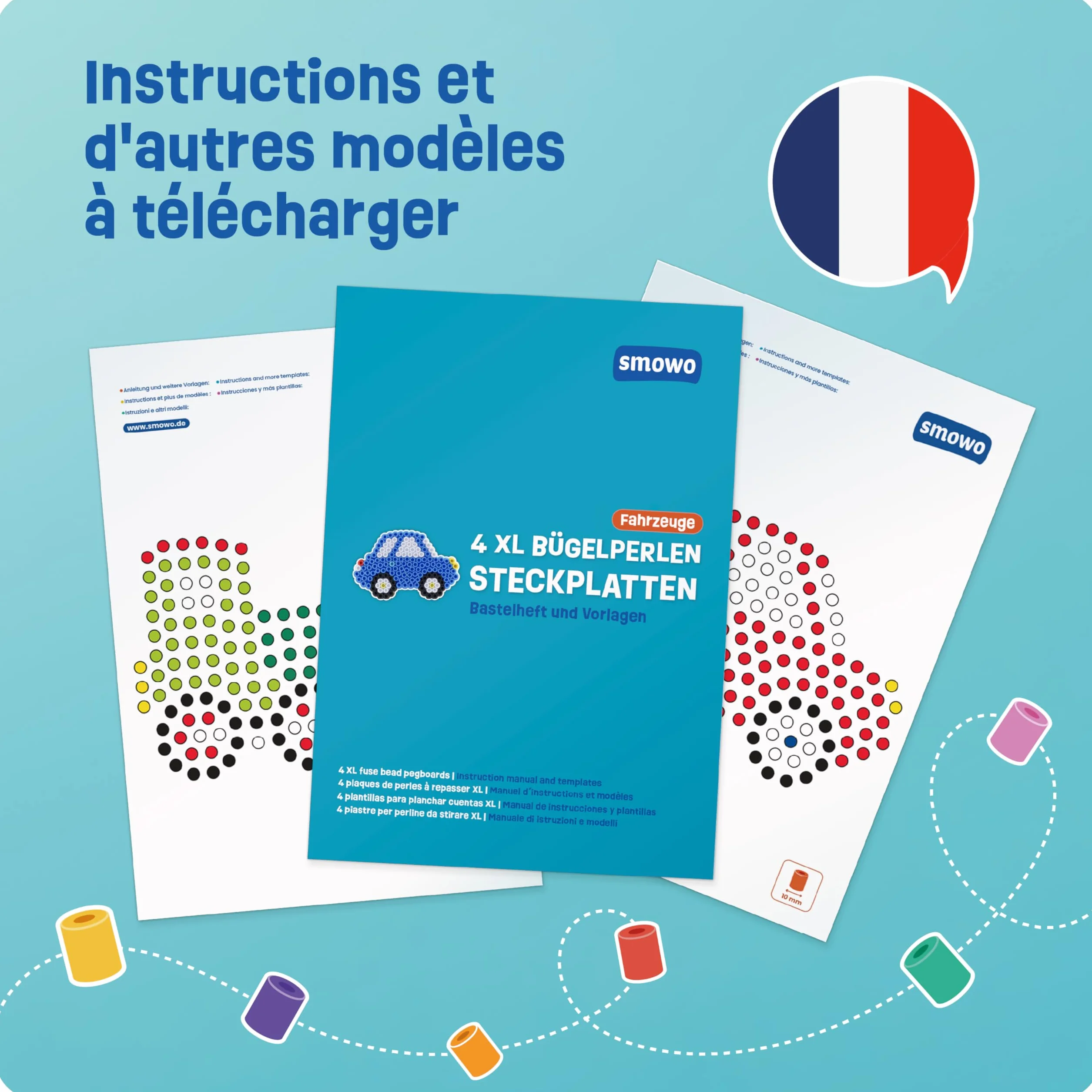 Smowo Perles à repasser 10 mm - 4 plaques et modèles - Voiture bateau train avion - Grandes plaques stylo Maxi pour enfants dès 3 ans