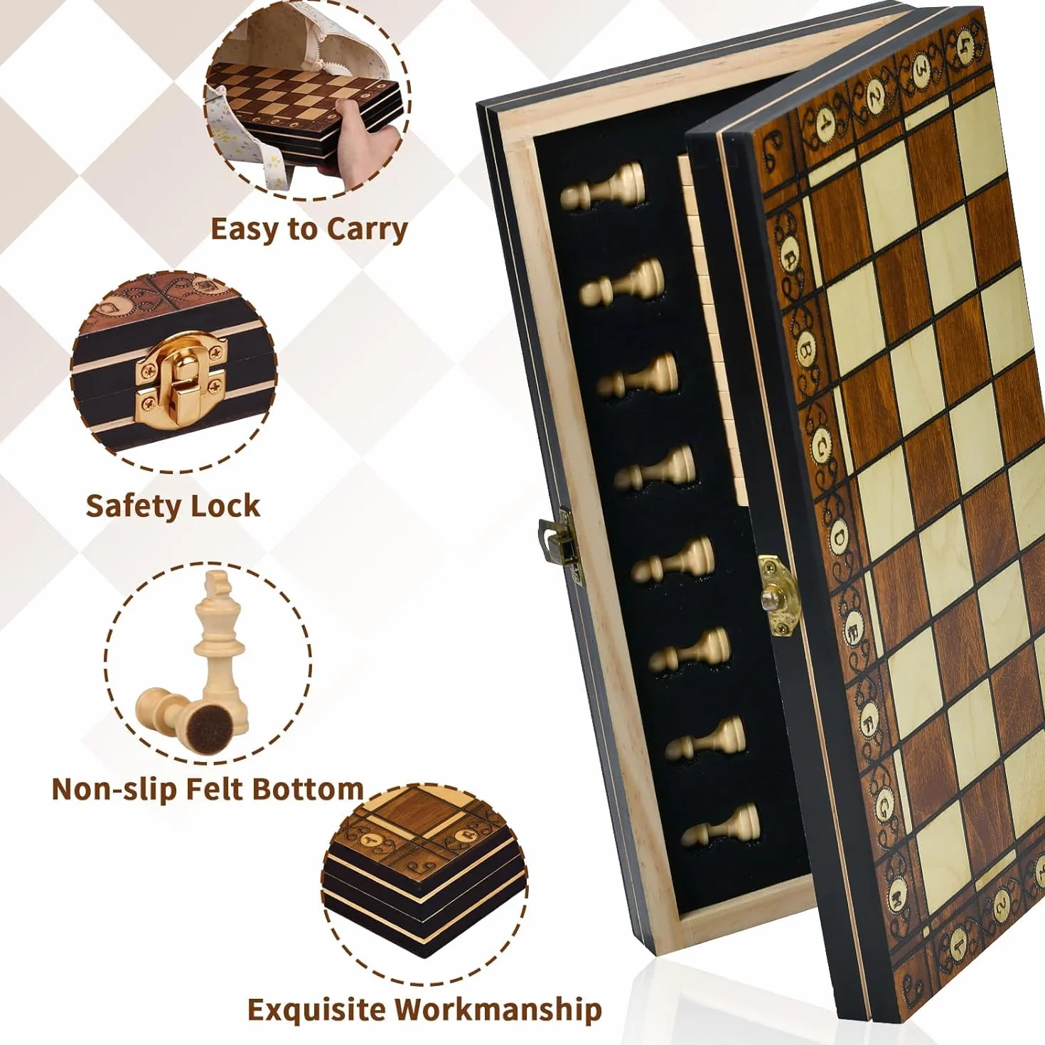 Jeu d'Échecs 2 en 1, Échiquier Magnétique en Bois Pliable avec Rangement, 29x29 cm