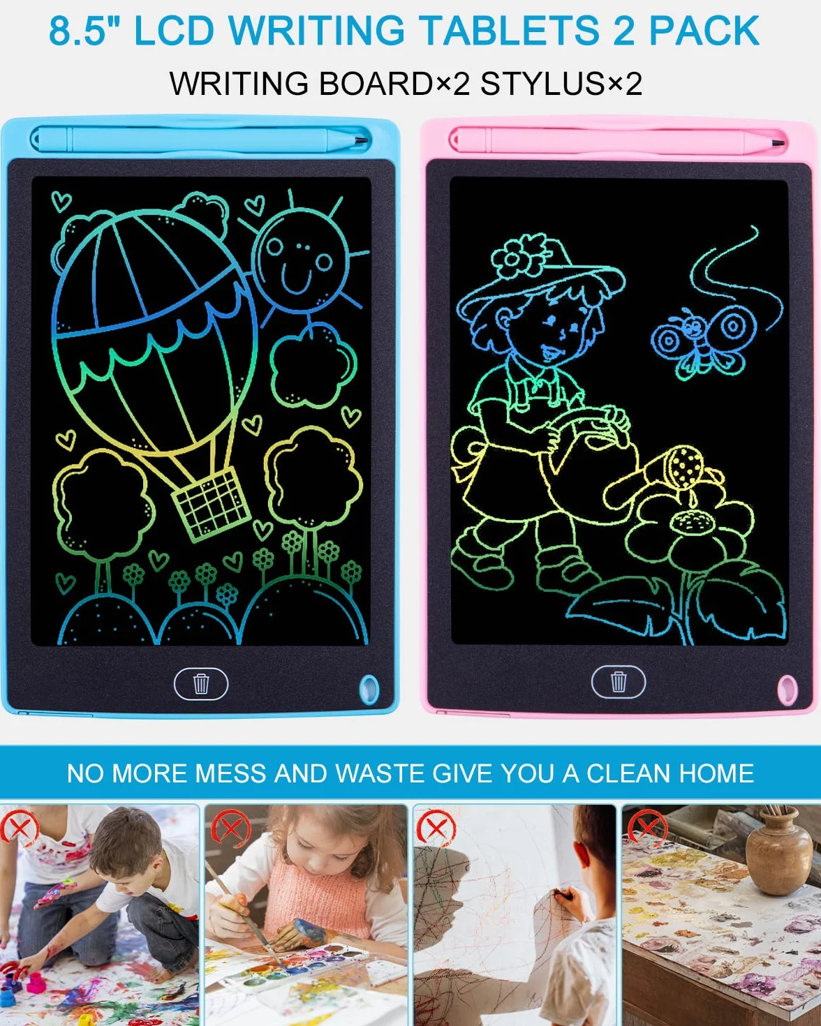 Tablette Dessin LCD Magique 8.5 Pouces Doodle Pad avec Bouton Effacement Jouets Enfants Filles Garçons Bleu Rose