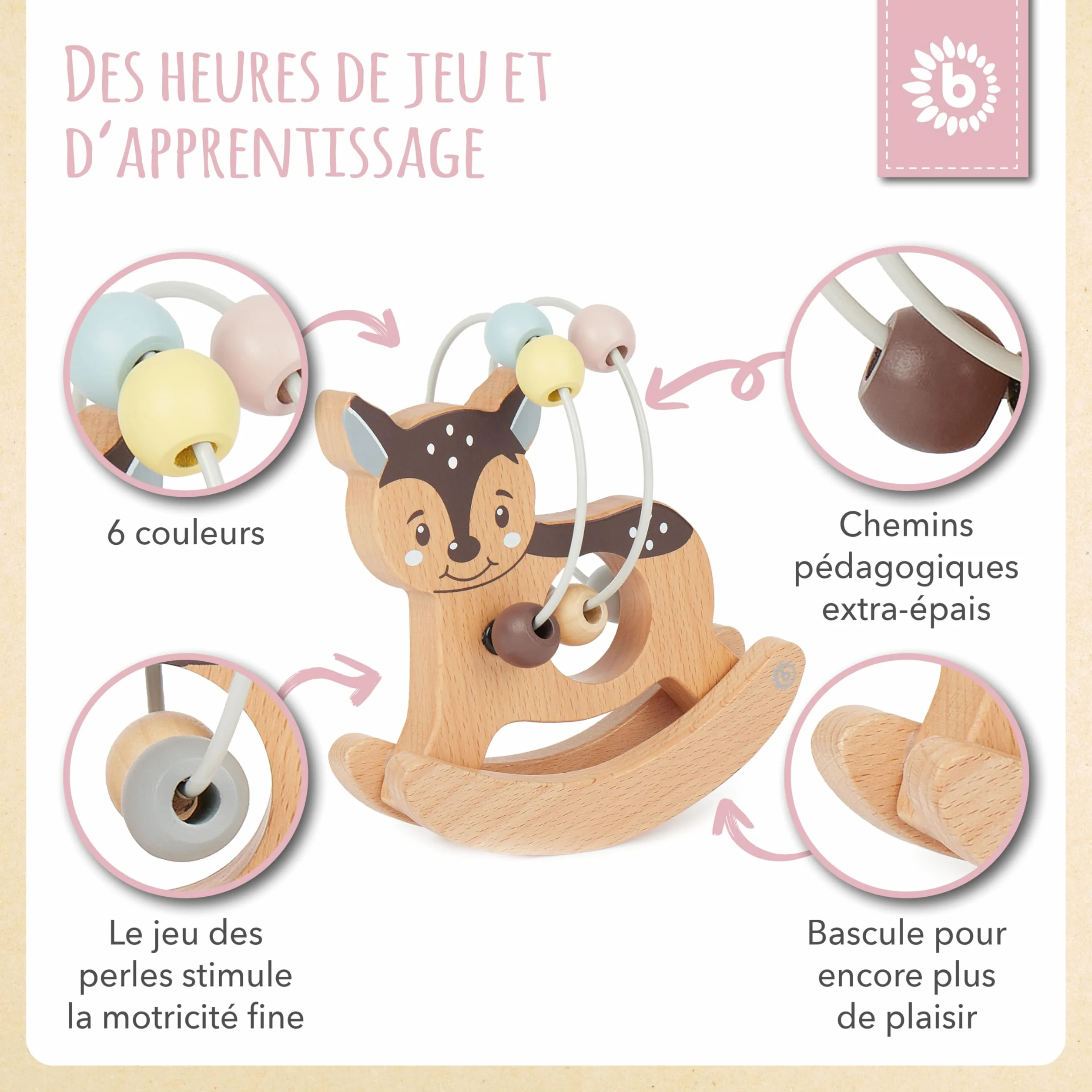 BIECO Nœud de motricité en Forme de cerf avec Bascule - Jouet de motricité à partir de 1 an - Mignon Jeu de Labyrinthe en Forme de cerf