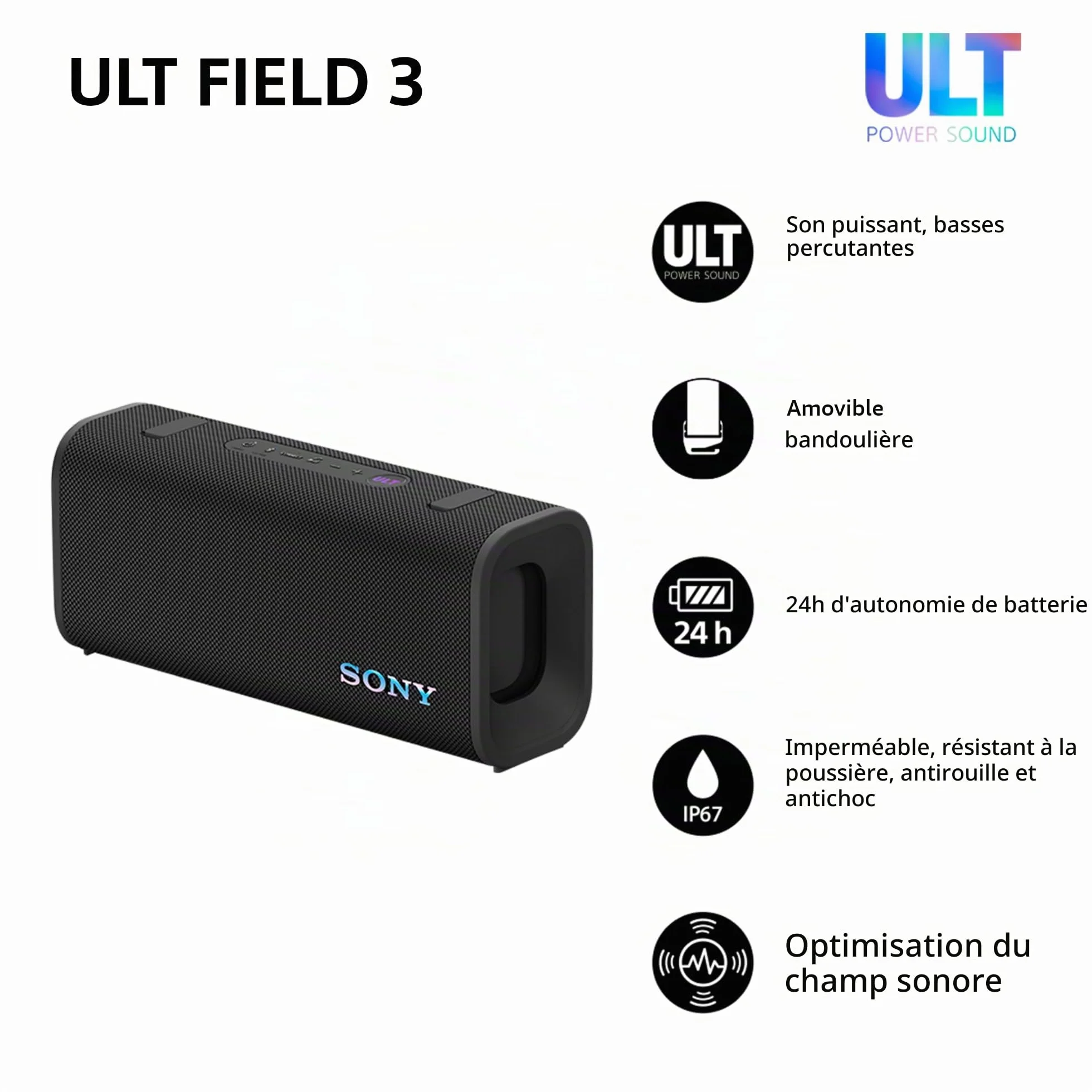 Sony ULT Field 3 Enceinte Bluetooth Portable ULT Power Sound 24 Heures IP67 étanche Noir