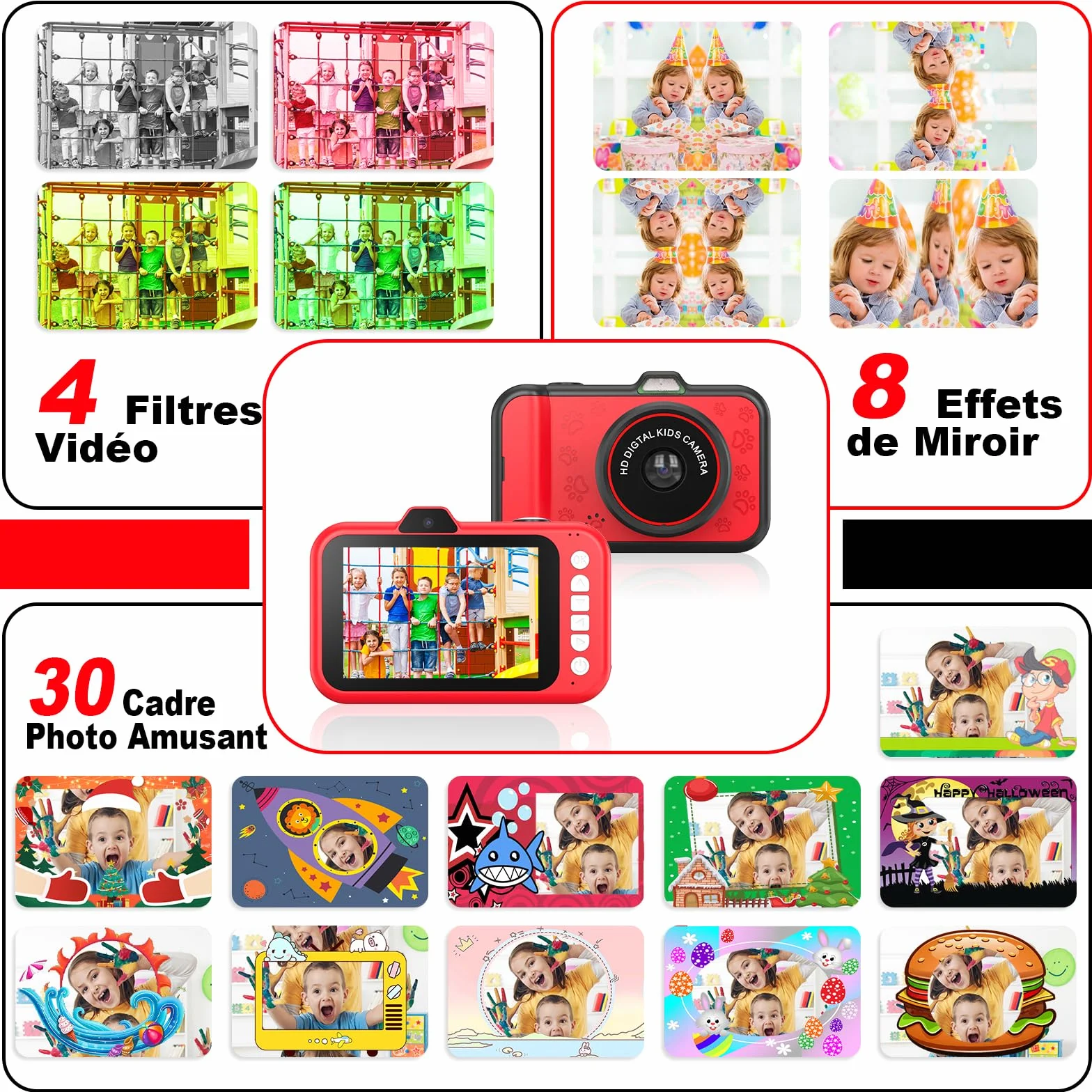 Appareil Photo Enfant Zoom Rotatif 360° Grand Écran 3,5" 1080P Selfie Flash LED Carte SD 32GB Jouet Cadeau Fille Garçons 3-12 Ans