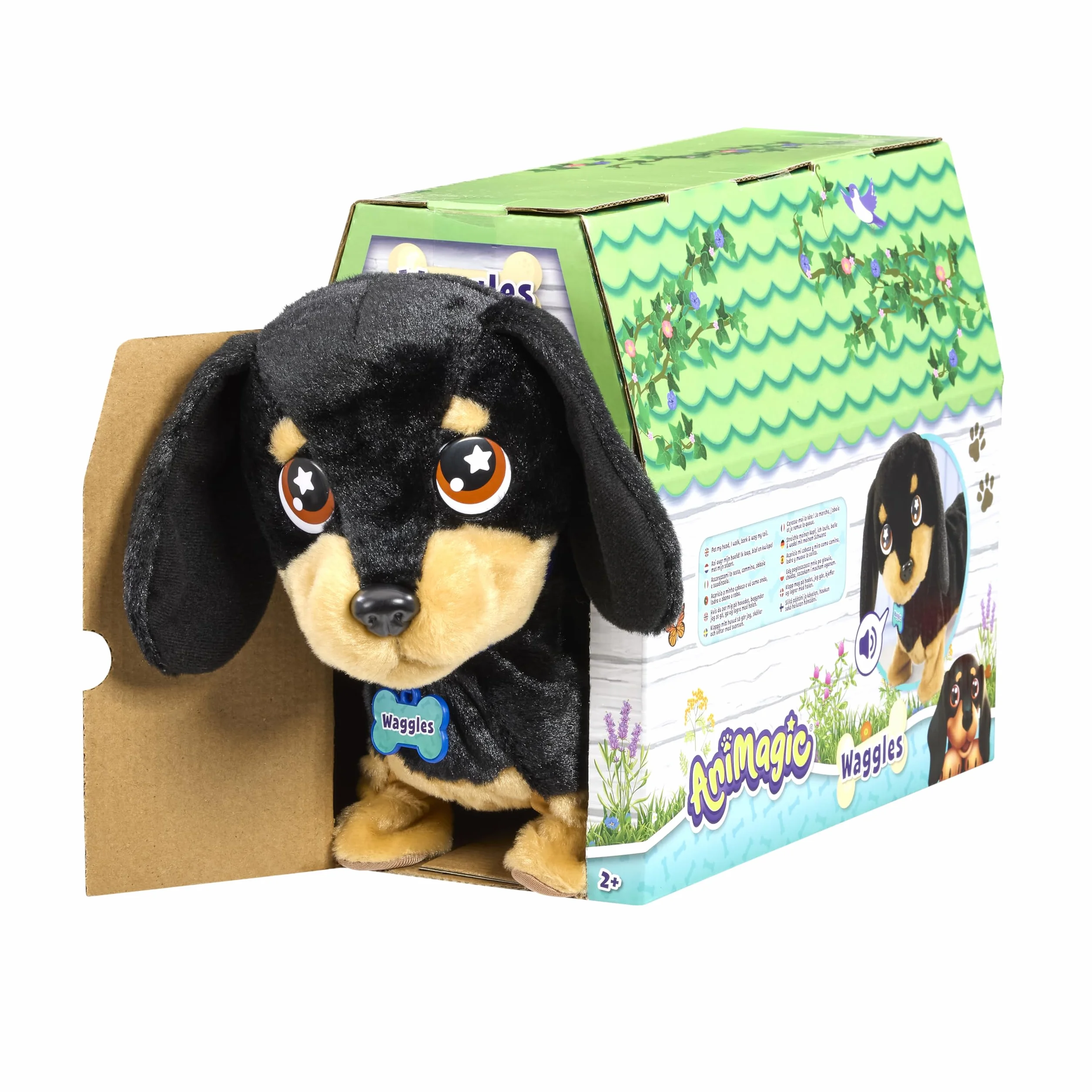 Animagic WAGGLES Jouet Electronique 23 cm Peluche Chien Saucisse Interactive pour Enfants dès 2 Ans Marche Aboie Remue Sa Queue Piles Incluses Marron et Noir