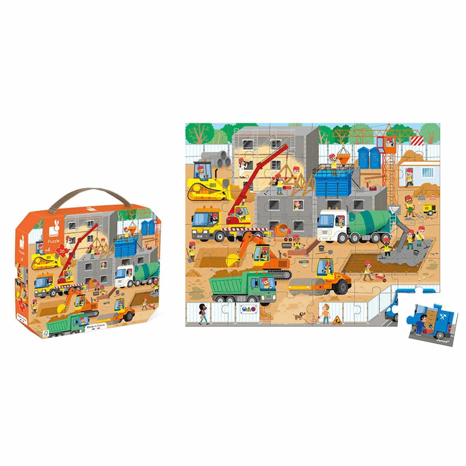Janod Puzzle Enfant Le Chantier 36 Pièces Jeu Educatif Motricité Fine et Concentration Valisette Poignée Fabriqué en France Certifié FSC Dès 4 Ans Multicolore