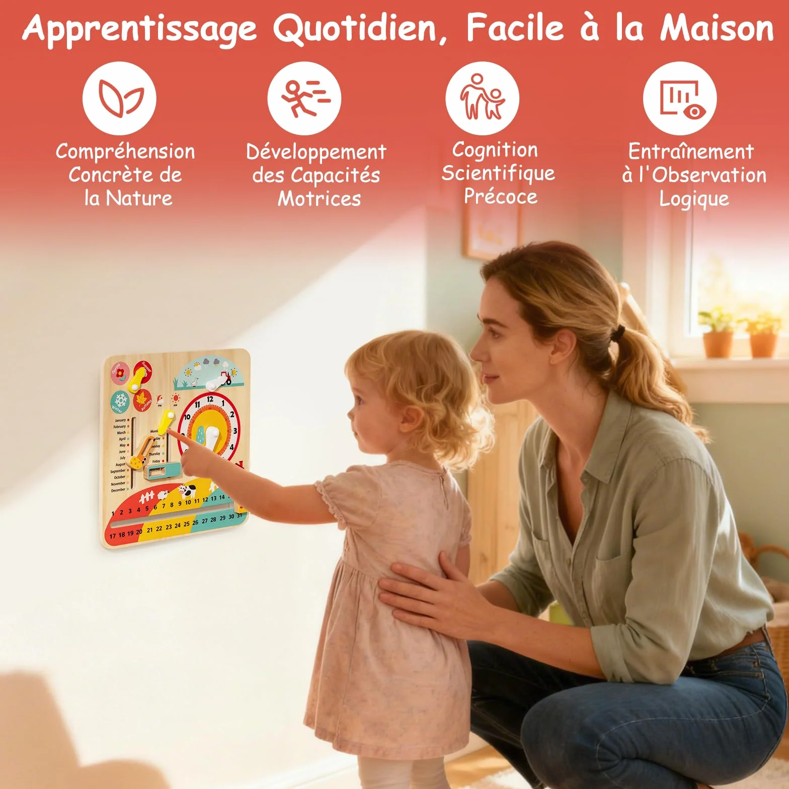 GOPLUS Calendrier Enfant Éducatif 7 en 1, Planche d'Activité d'apprentissage des Mois, Semaines, Jours, Saisons, Heure, Météo, Jouet Montessori Motricité en Bois pour 3+ Ans
