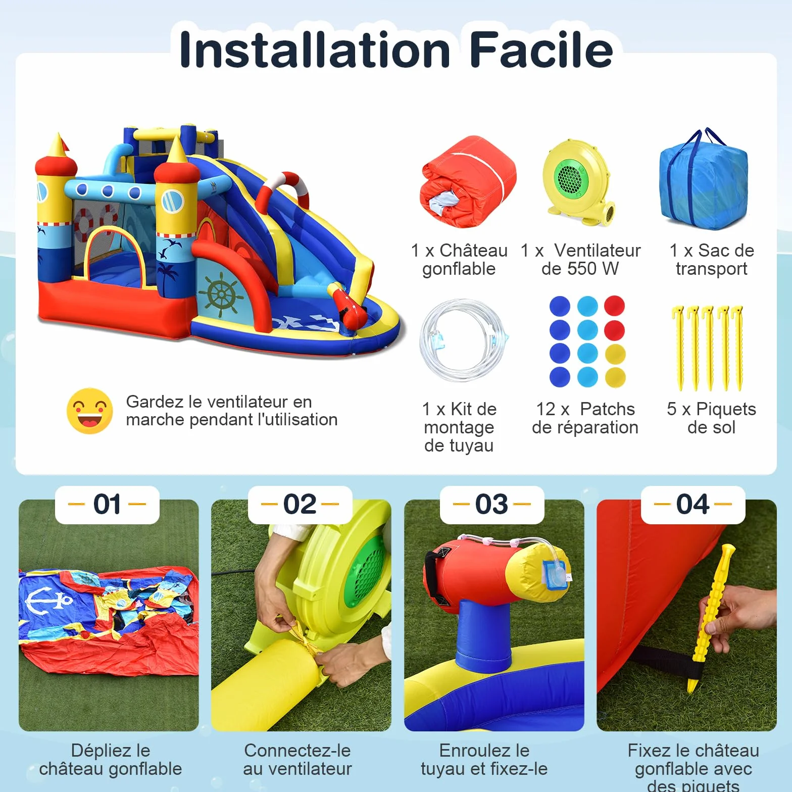COSTWAY 5 en 1 Château Gonflable Pirate avec Toboggan, Mur d'escalade & Souffleur 550W, 360x290x200cm