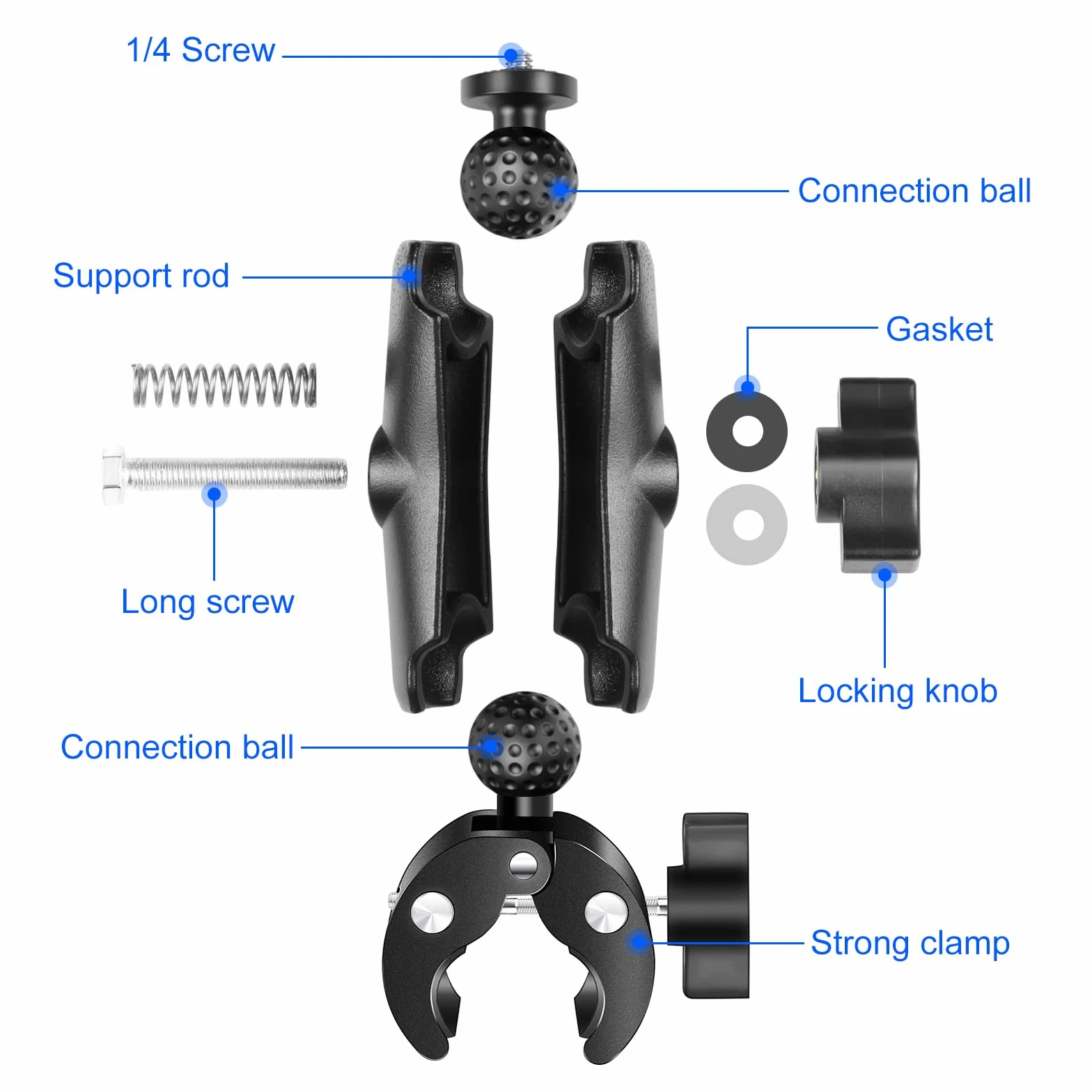 Super Clamp Crabe Action Camera Moto Guidon Support Fixe 360° Rotation Rotule Tête Boule Filetage 1/4" pour Caméra Studio Trépied Compatible Gopro Insta360 X5 X4 X3 OSMO