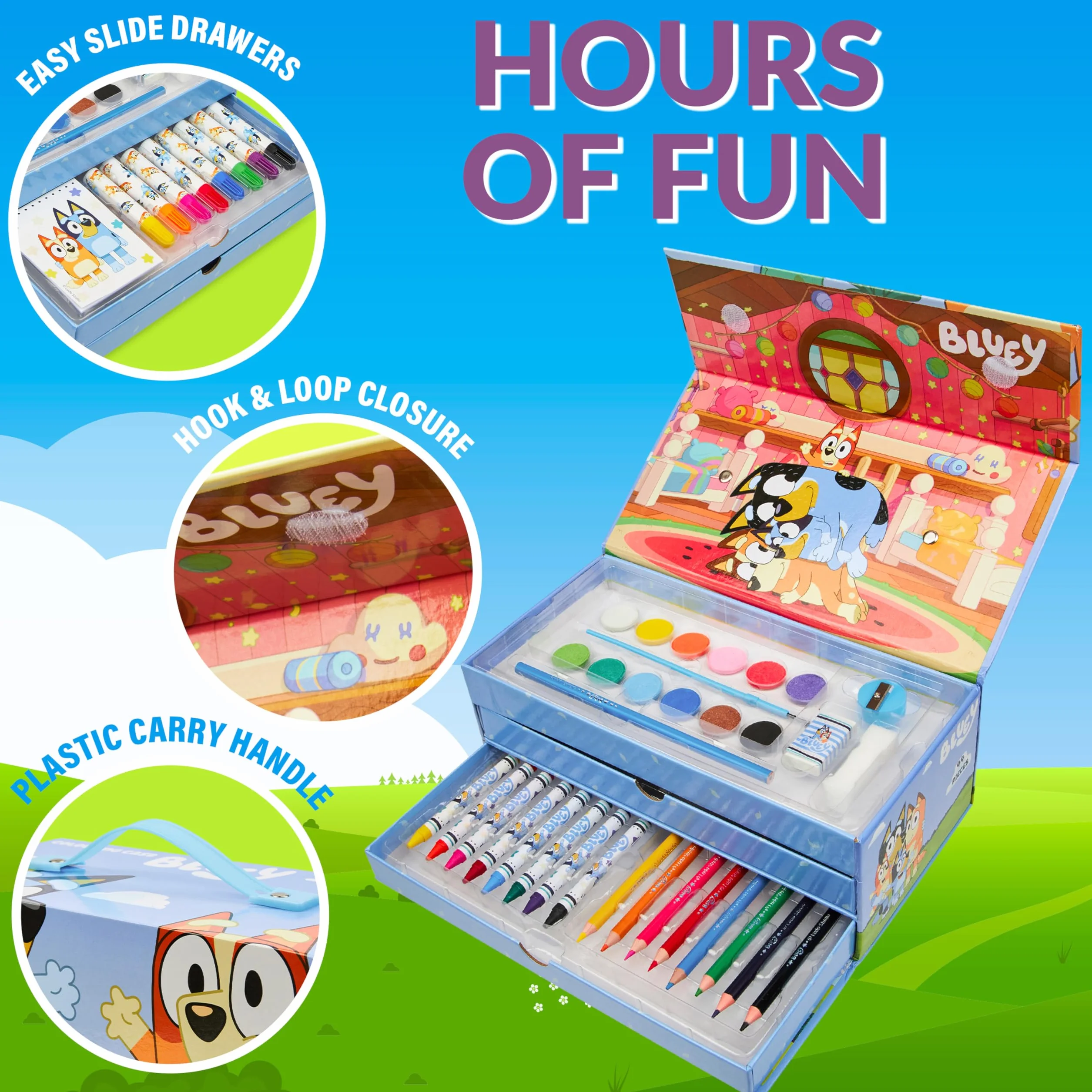 Bluey Coffret Peinture Enfant, Dessin, Coloriage, Crayon de Couleur et Cire, Feutres, Cadeau Enfant Bleu 3 Niveaux