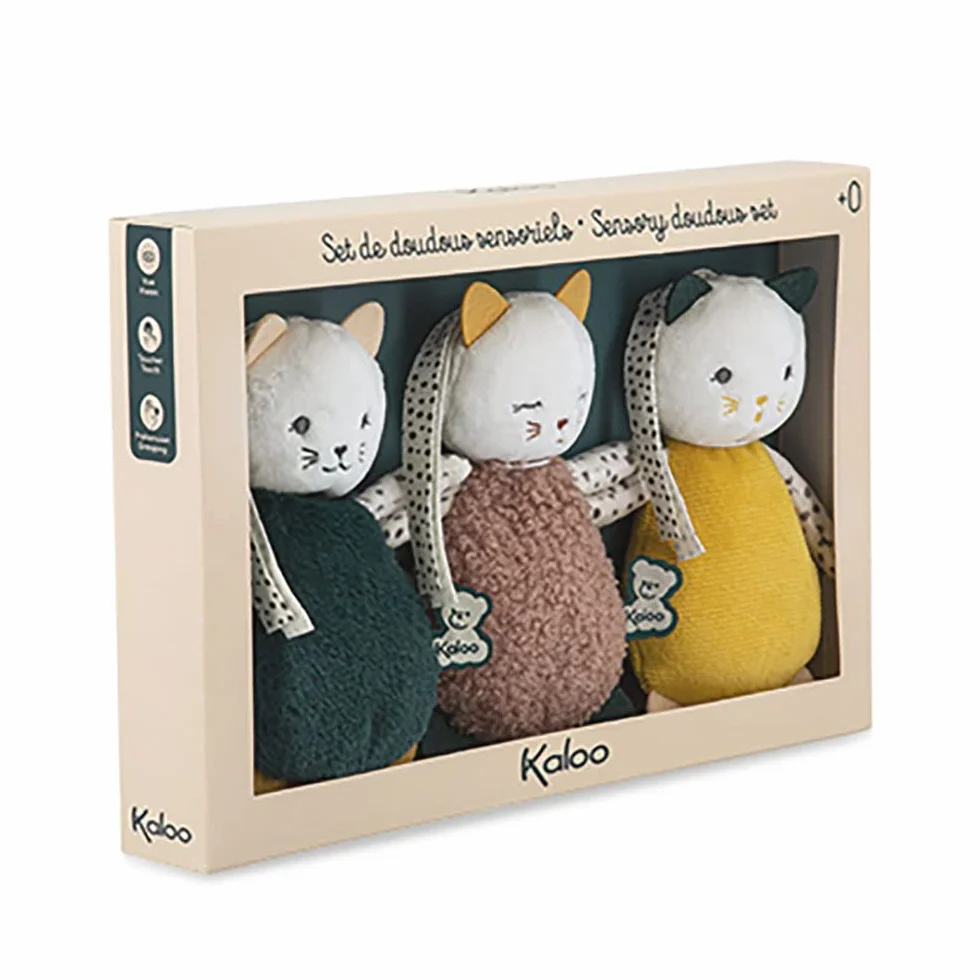 KALOO Stimuli Mes Petits Chats à Caresser Set de 3 Doudous Sensoriels Bébé Jouet d'Eveil Motricité 14 cm Dès la Naissance
