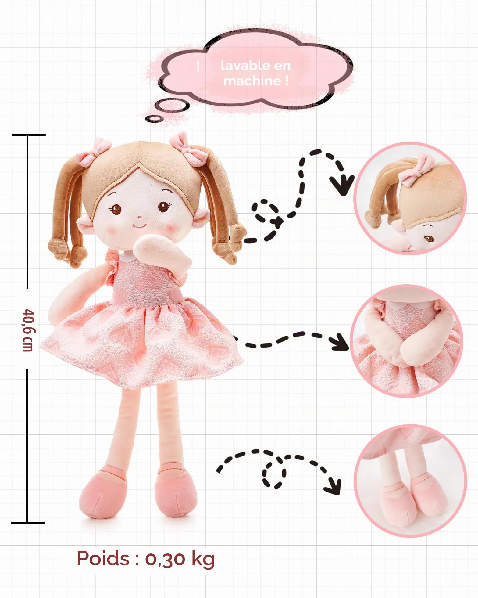 LeyaDoll Poupon Bébé Fille 40 cm Ma Première Poupée Douce en Tissu Jouet 1-3 Ans Cadeau Bébé