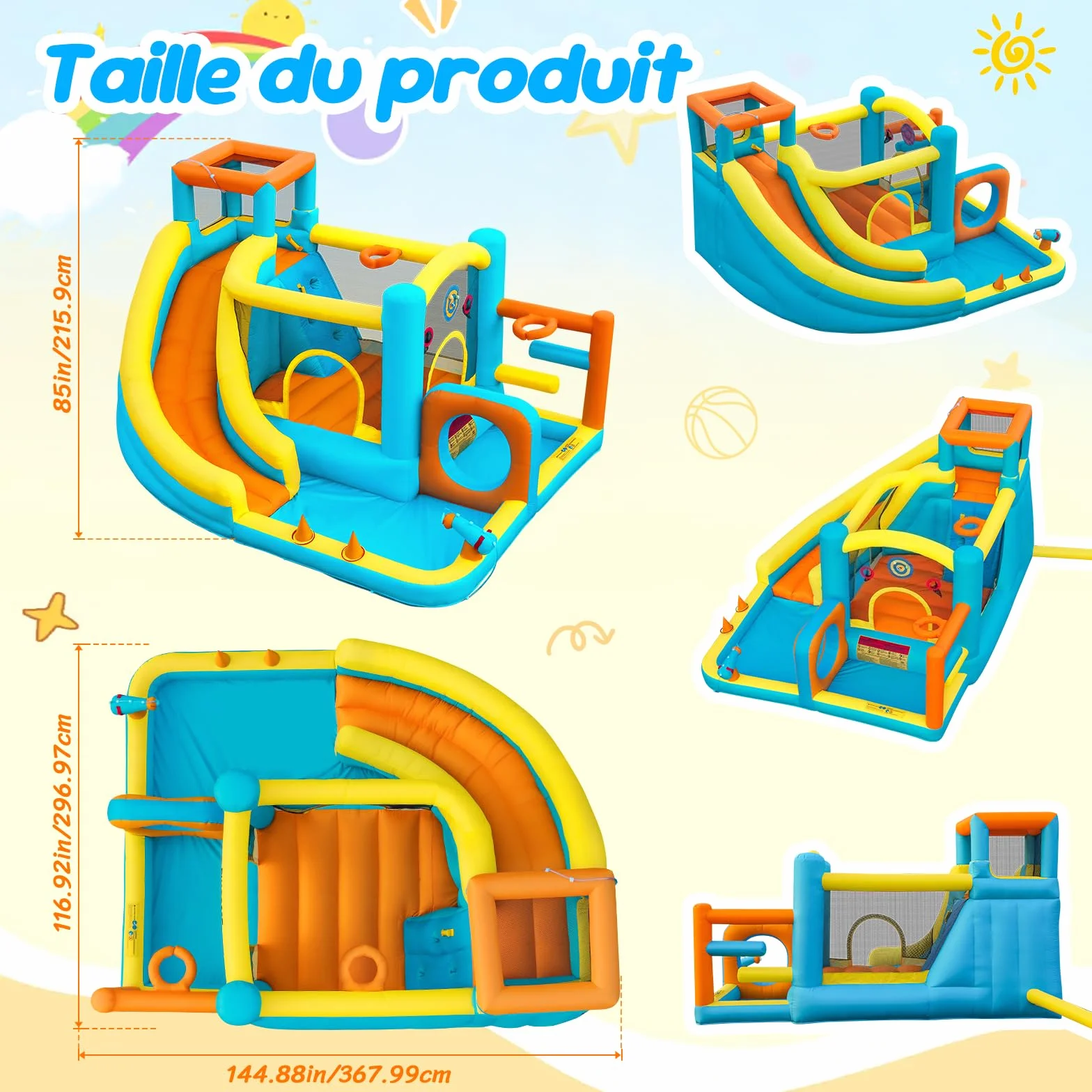 Château Gonflable avec Toboggan Aquatique, Piscine à Balles, Mur d'escalade, Souffleur Inclus, Intérieur/Extérieur