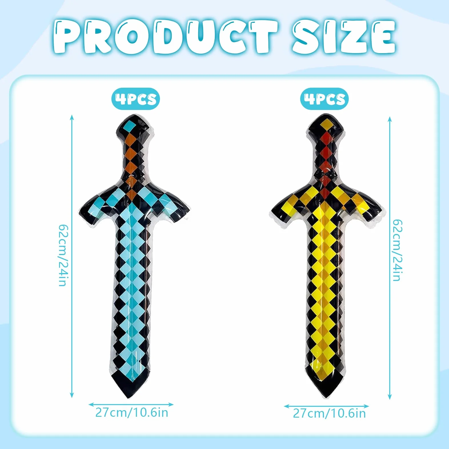 Épée Gonflable Pixel 8 Pièces, Jouets Gonflables Gamer, Accessoires Cosplay, Décoration Anniversaire Halloween (Bleu Jaune)