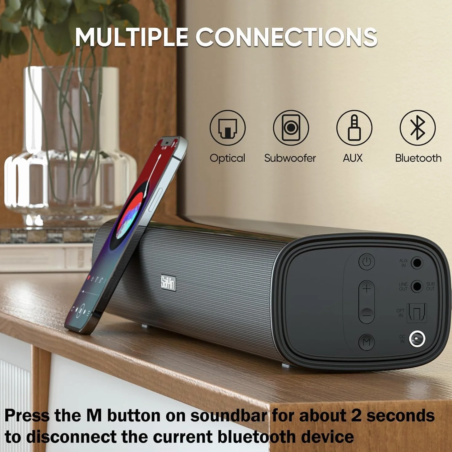 Saiyin Barre de Son TV 40 W Bluetooth 5.3 Optique AUX 17 Pouces Home Cinéma