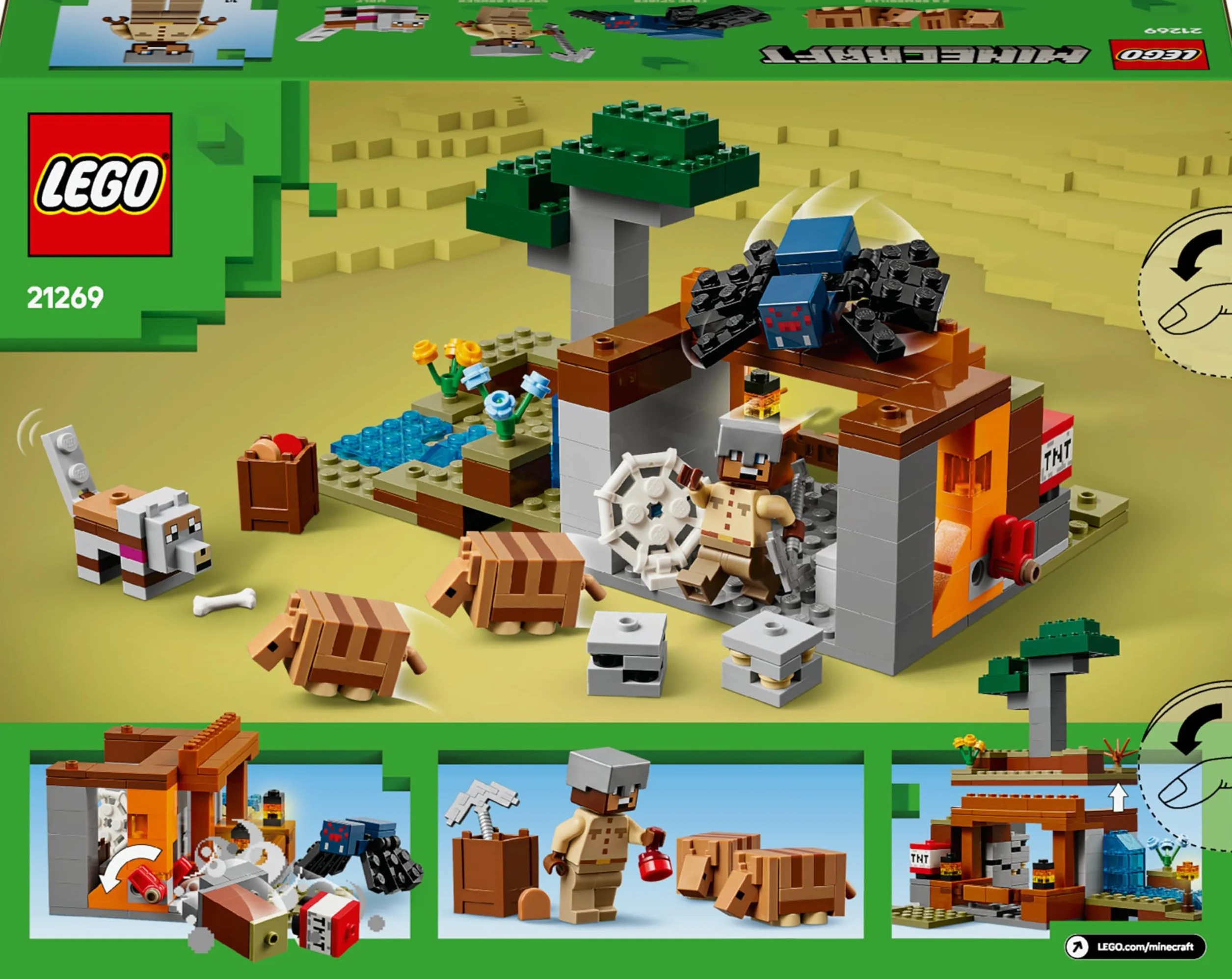 LEGO Minecraft L’Expédition dans la Mine du Tatou 21269 Jouet Interactif Figurines Araignée Venimeuse Loup TNT Cadeau 8 Ans