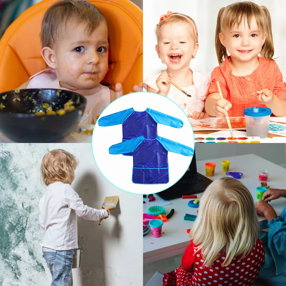 Gwolf Tablier Peinture Enfant 2 Pièces Blouse Peinture 8-10 Ans avec Manches et 3 Poches Tissu Bleu