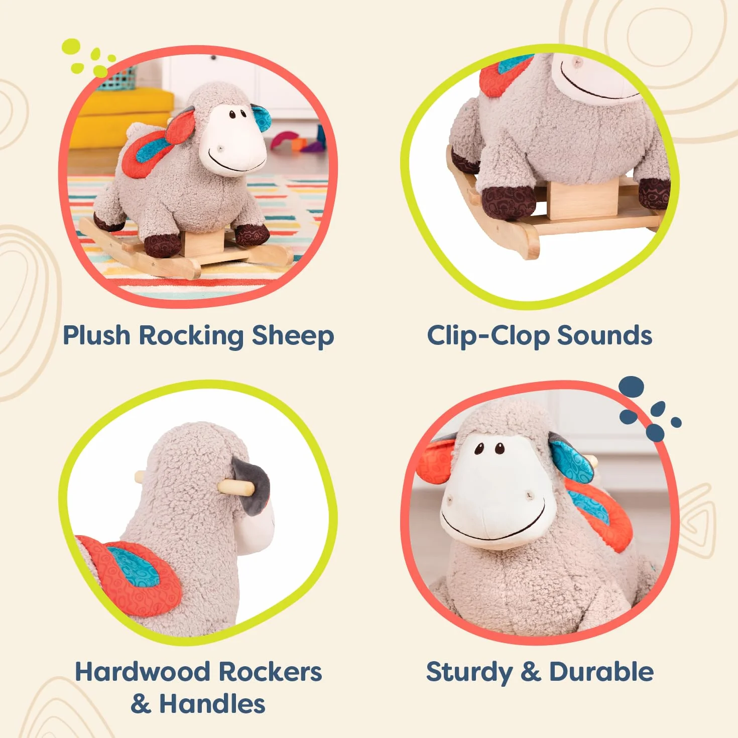 B. Toys Rodeo Rocker Loopsy Mouton à Bascule Siège Confortable Bois Dur Jouet Développement Jeu Actif Robuste Durable 18 Mois+