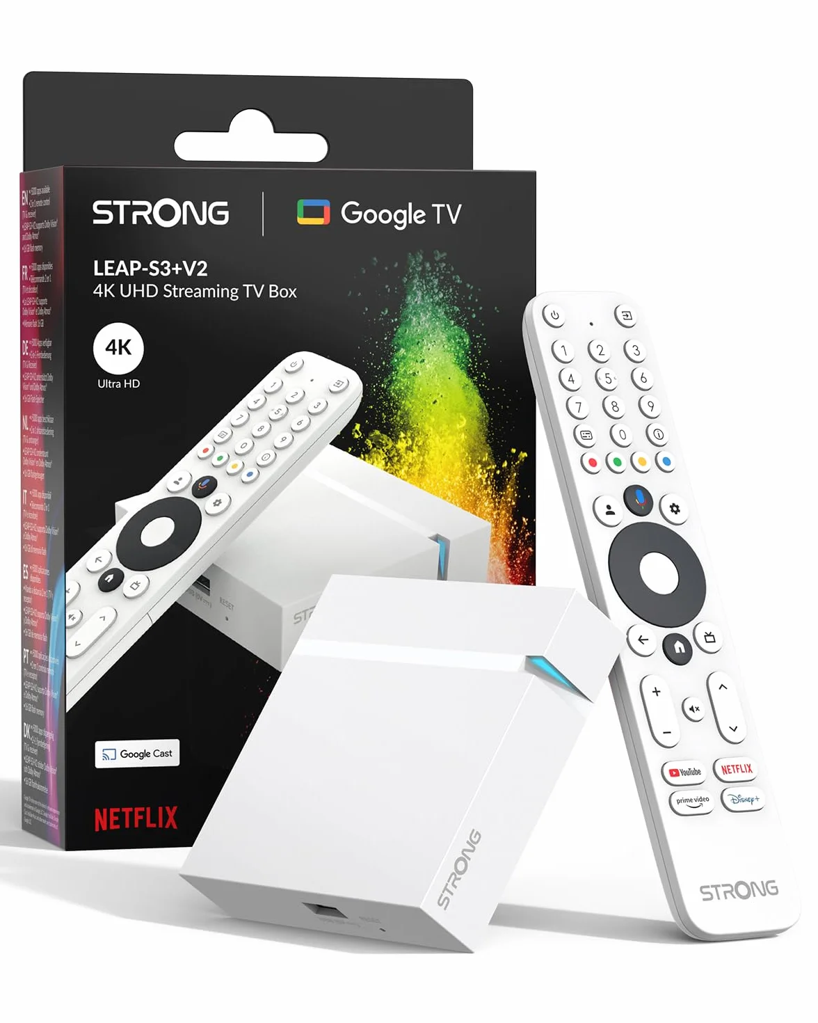 STRONG Leap-S3+V2 Streaming Box Google TV 4K UHD Ethernet 2GB RAM 16GB WiFi 5 HDR10+ Dolby Audio Dolby Vision Blanche
