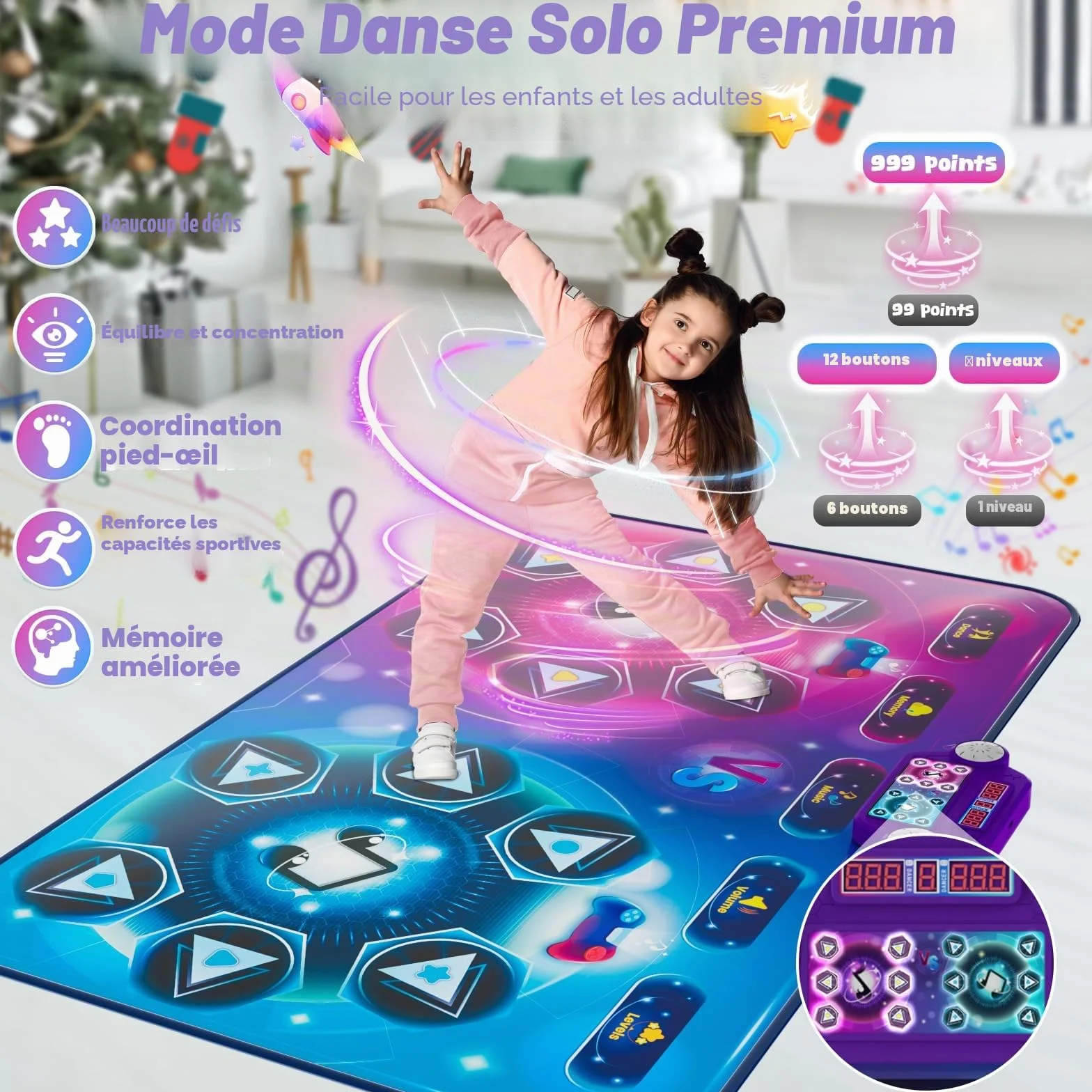 Tapis de Danse Rechargeable Double Joueur Taille Extra-Large 150x96 cm avec Musique Mode Défi Piano Lumières LED Cadeau Enfants 3-12 Ans