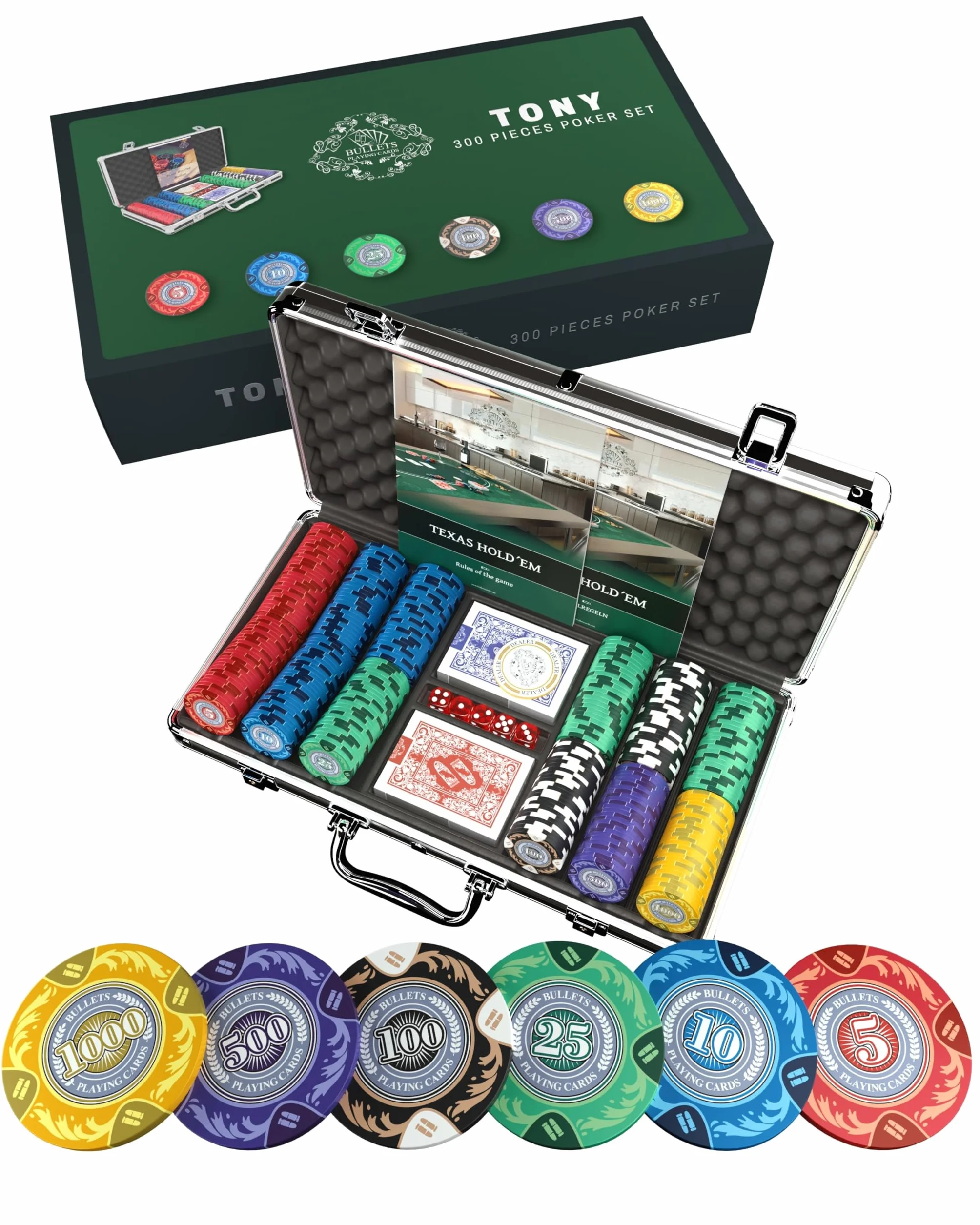 Bullets Playing Cards | Mallette de Poker 300 Jetons Clay 14g – Coffret Complet avec Cartes, dés et Bouton Dealer en céramique – Design Tony