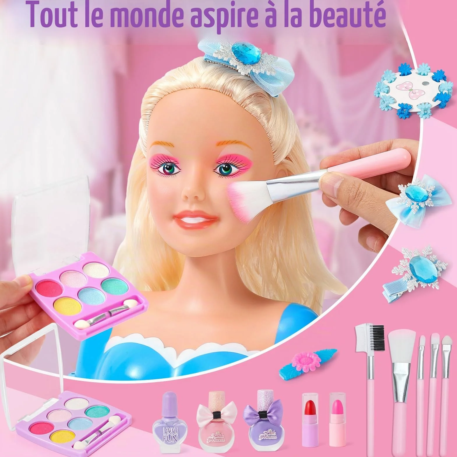 Kit de salon de coiffure pour enfants, 52 pièces jouets de coiffure, accessoires de beauté, cadeaux filles 3-6 ans