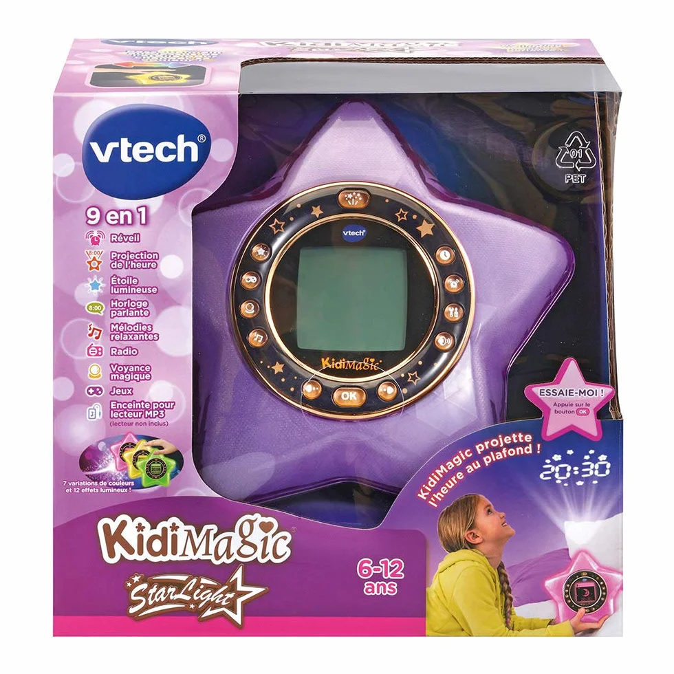 VTech KidiMagic Starlight Violet Radio Réveil Enfant 9 en 1 Étoile Effets Lumineux Projection Heure Plafond Enceinte Jeux Cadeau 6-12 Ans Français