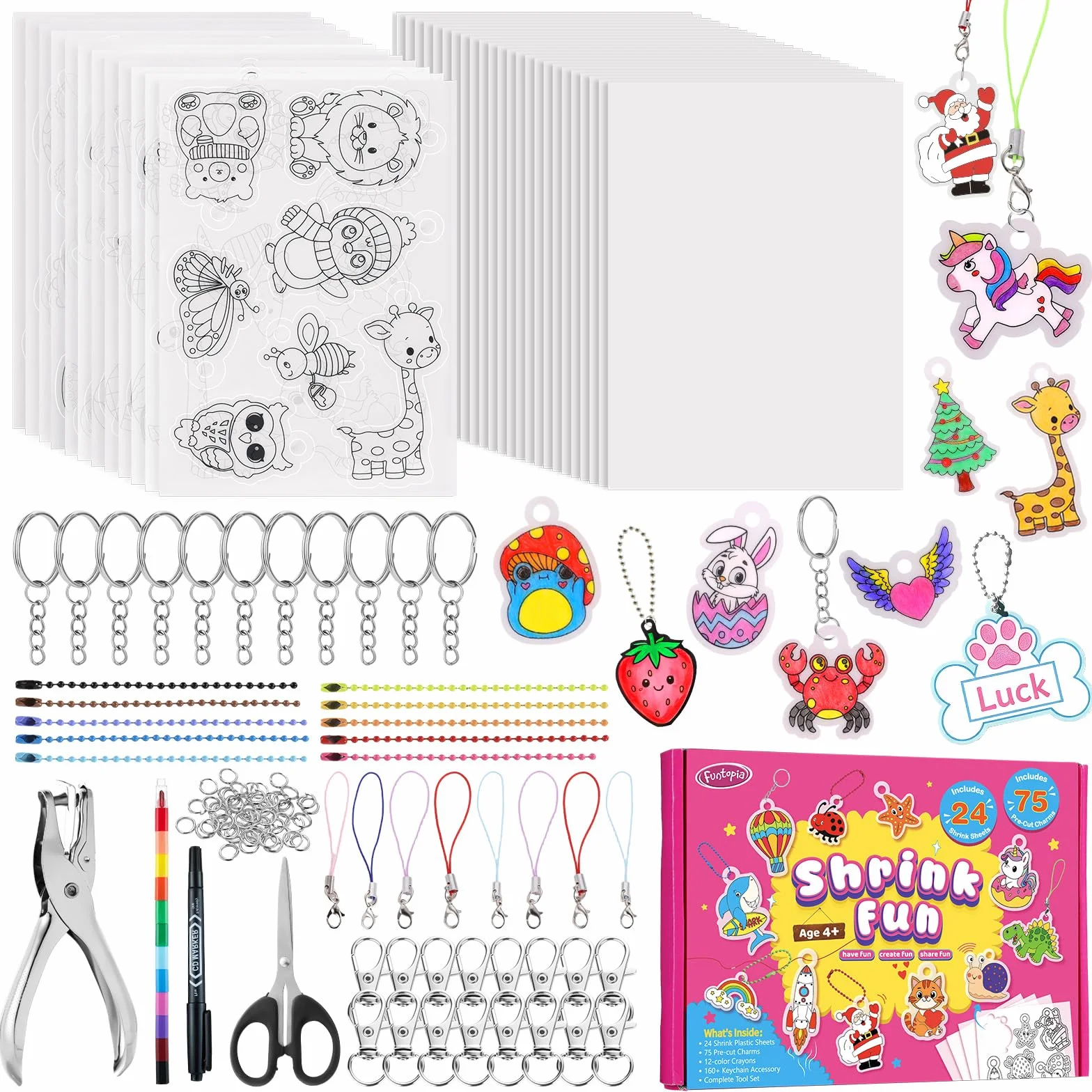 Kit de Porte-Clés en Papier Rétractable 201 Pièces, 24 Feuilles Transparent, 12 Feuilles Prédécoupées 75 Motifs, avec Perforatrice et Porte-Clés
