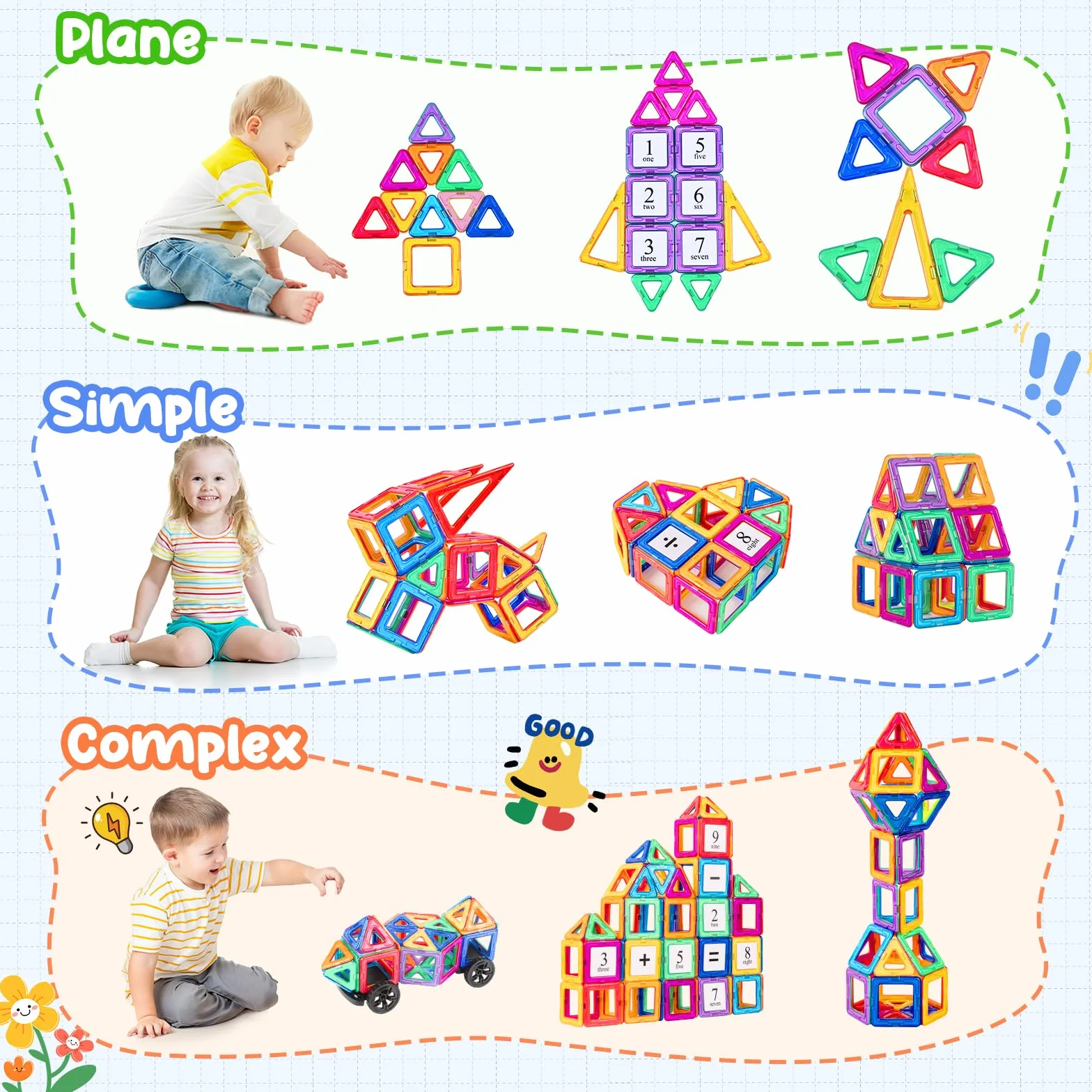 Construction Magnétique Enfant 82 Pièces Blocs de Construction Magnétiques Éducatif Jeux Cadeaux 3-7 Ans