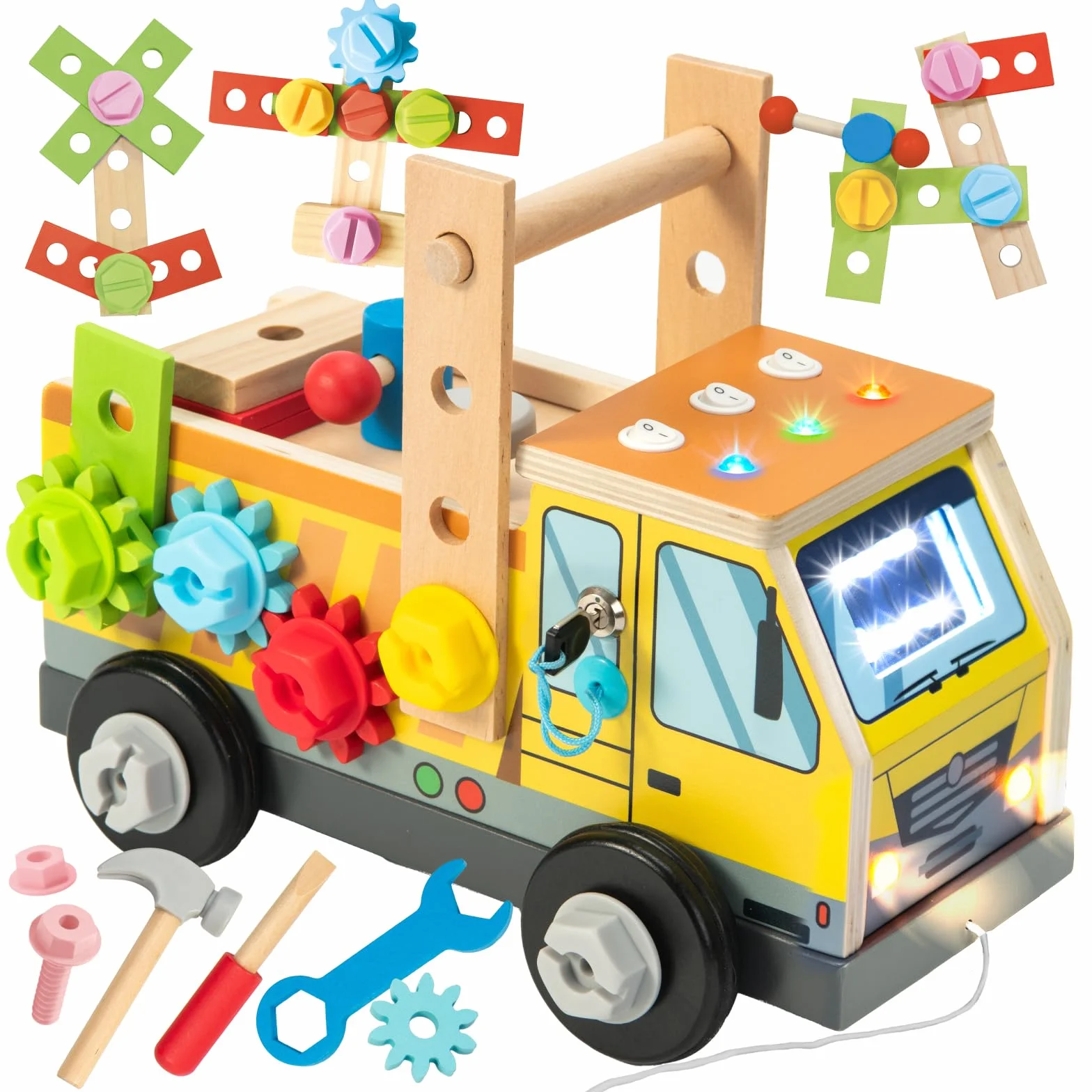 Nene Toys Camion Busy Board Montessori – Tableau d’Activités & Caisse à Outils en Bois FSC® avec 3 Interrupteurs LED, 8 Modes – Jouet à Tirer, Construction, Motricité, 2-6 Ans