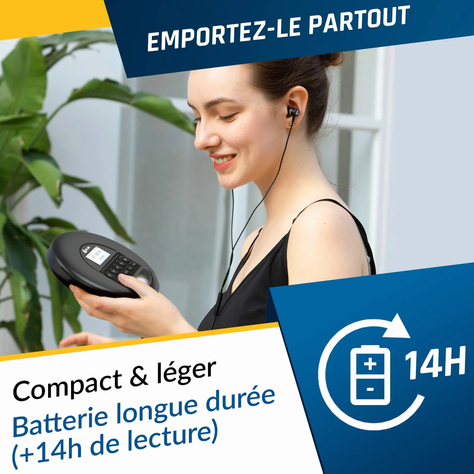 KLIM Nomad Lecteur CD Portable Bluetooth avec Batterie Intégrée Longue Durée - Compatible CD-R, CD-RW, MP3 - Noir