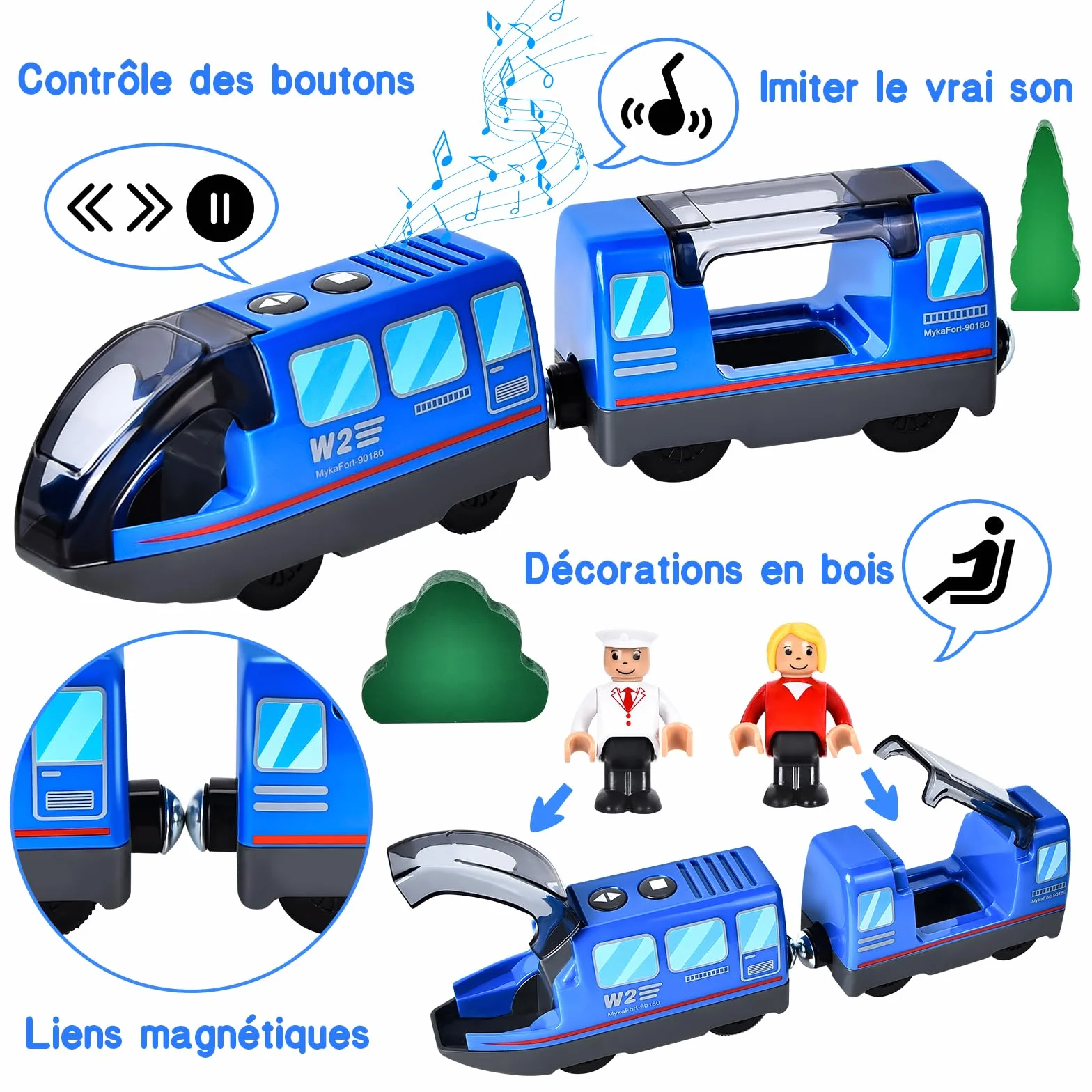 JONRRYIN Train ferroviaire électrique à piles pour chemin de fer en bois, jouet de train de locomotive, connexion magnétique pour garçons et filles 3 4+