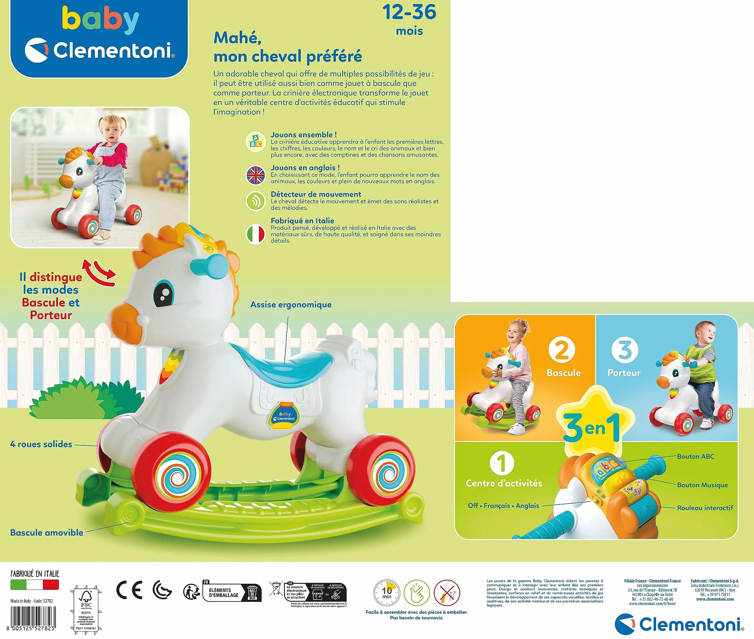 Clementoni Porteur Cheval Mahé Jeu Éducatif 3 en 1 Motricité Langage Émotion