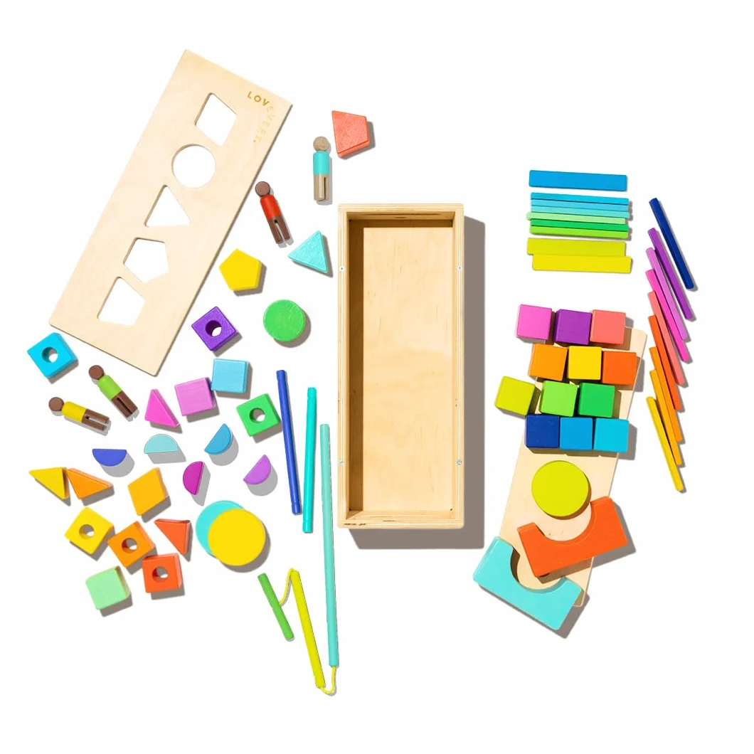 Lovevery Boîte de Cubes en Bois Massif, Blocs Construction Enfants, 18 Formes, Jouets Éducatif STEM