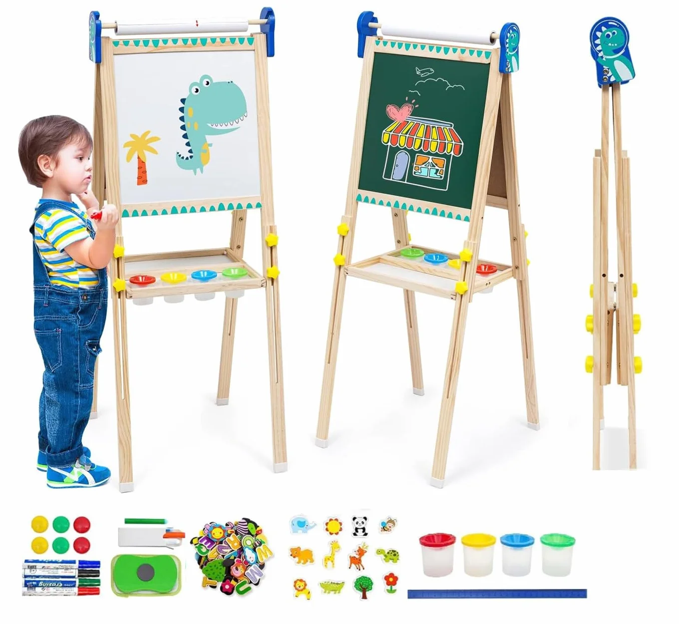 Chevalet pour Enfants en Bois 3 en 1 Tableau de Dessin Double Faces Pliable Réglable en Hauteur avec Rouleau de Papier et Accessoires 3+ Ans Cadeaux