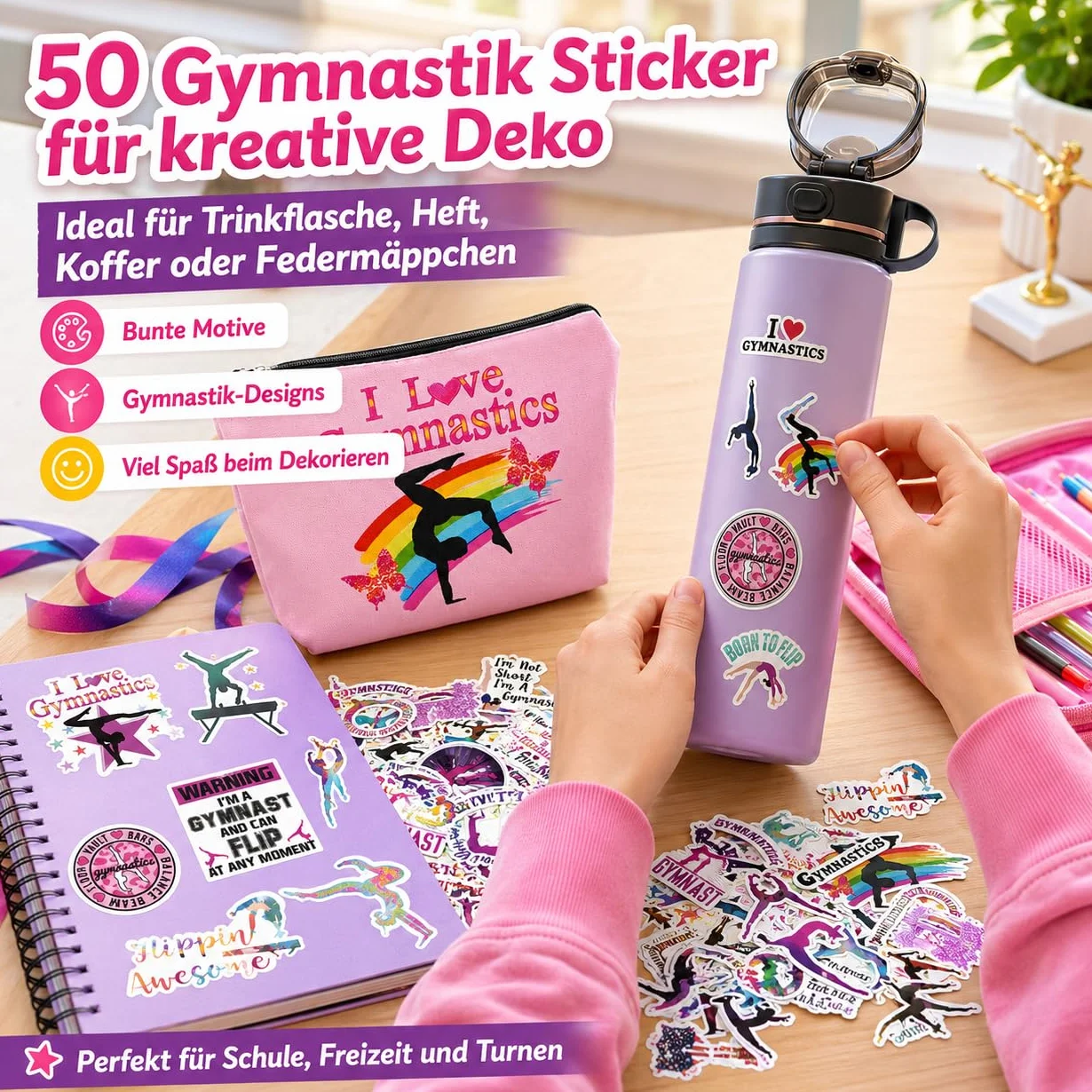Ensemble d'accessoires de gymnastique pour fille – Bracelet, chaîne, trousse de maquillage et autocollant – Sac de gym