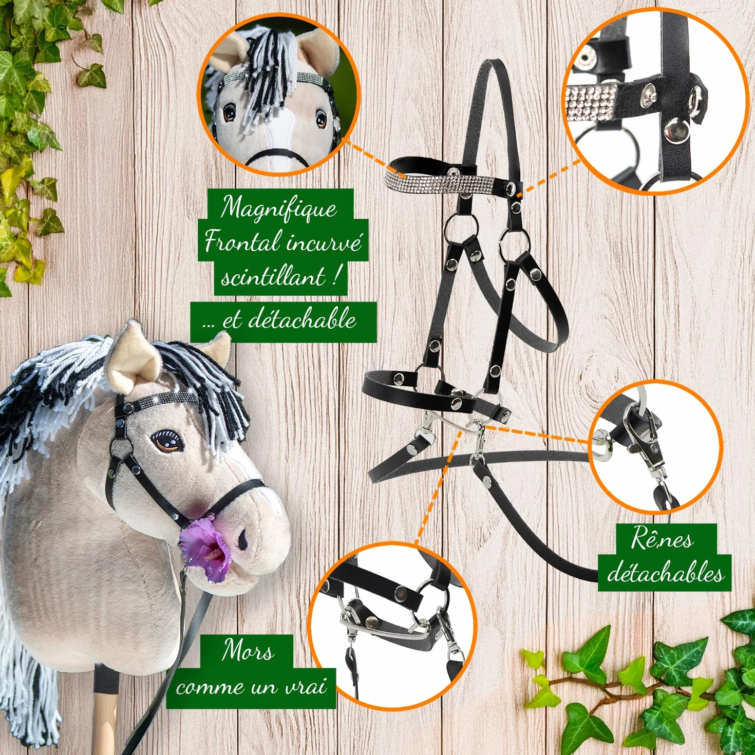 Hobby Horse Fjord A3 Cheval bâton Beige crins Noirs et Blanc Filet Complet Frontal Scintillant Jouet Équestre