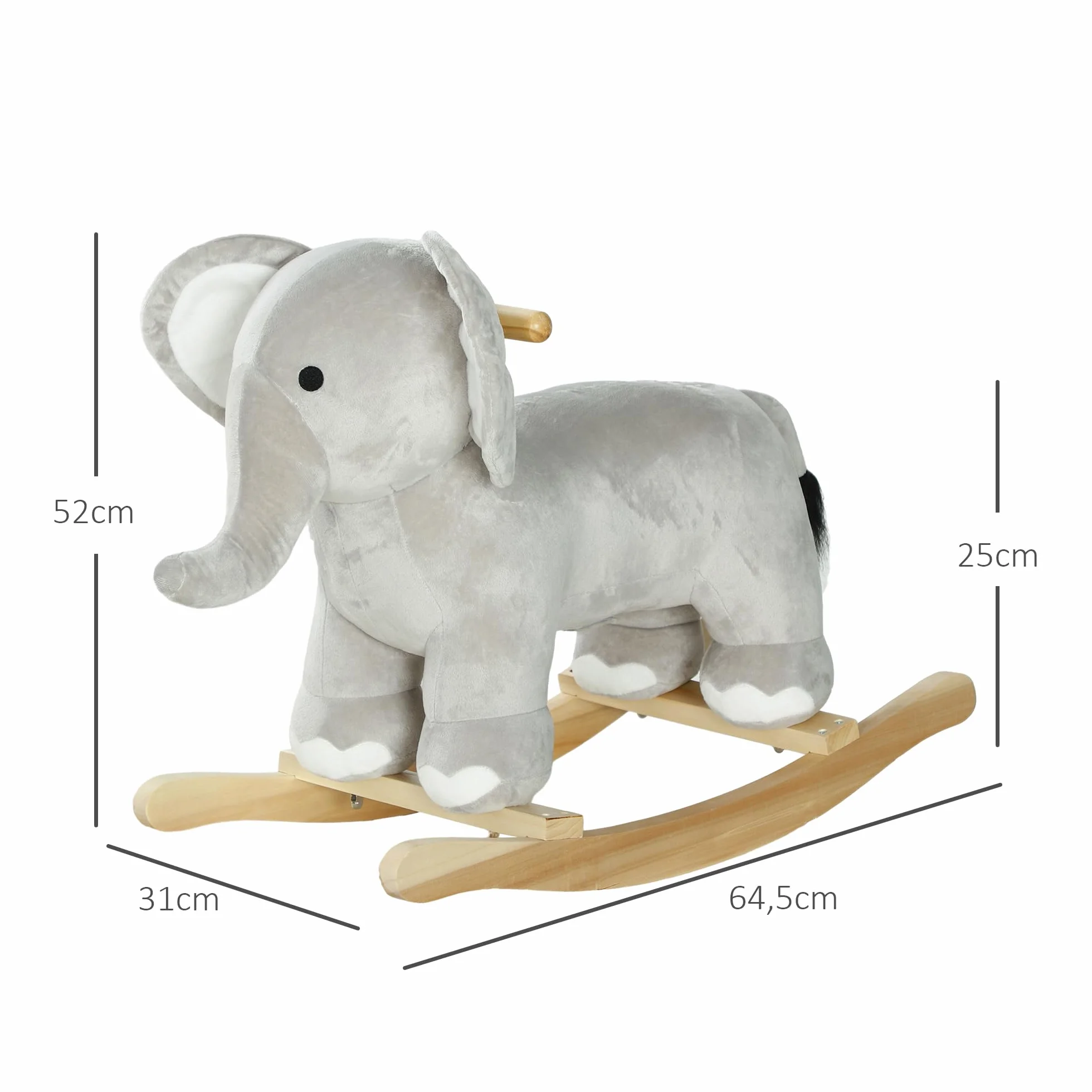 AIYAPLAY Cheval à Bascule pour Enfant, Jouet à Bascule en Peluche Éléphant avec Effets Sonores, 64,5x31x52 cm, Gris